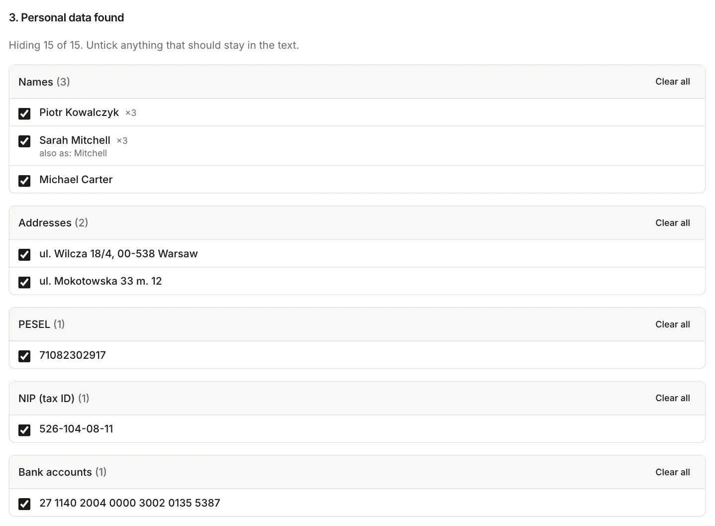 The Anonymize a Document tool after loading the tenancy agreement: a list of personal data found, grouped as Names, Addresses, PESEL, NIP and Bank accounts, each item with a checkbox