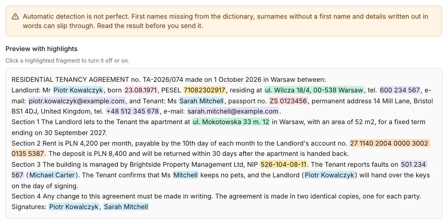 Preview of the agreement with coloured highlights on personal data and a warning that automatic detection is not perfect