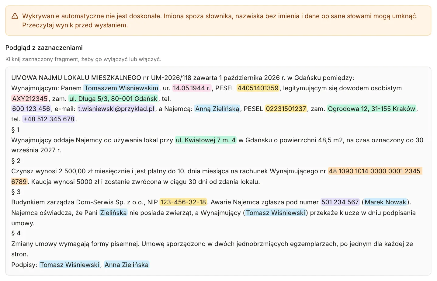 Podgląd umowy z kolorowymi zaznaczeniami danych osobowych i ostrzeżeniem, że wykrywanie automatyczne nie jest doskonałe