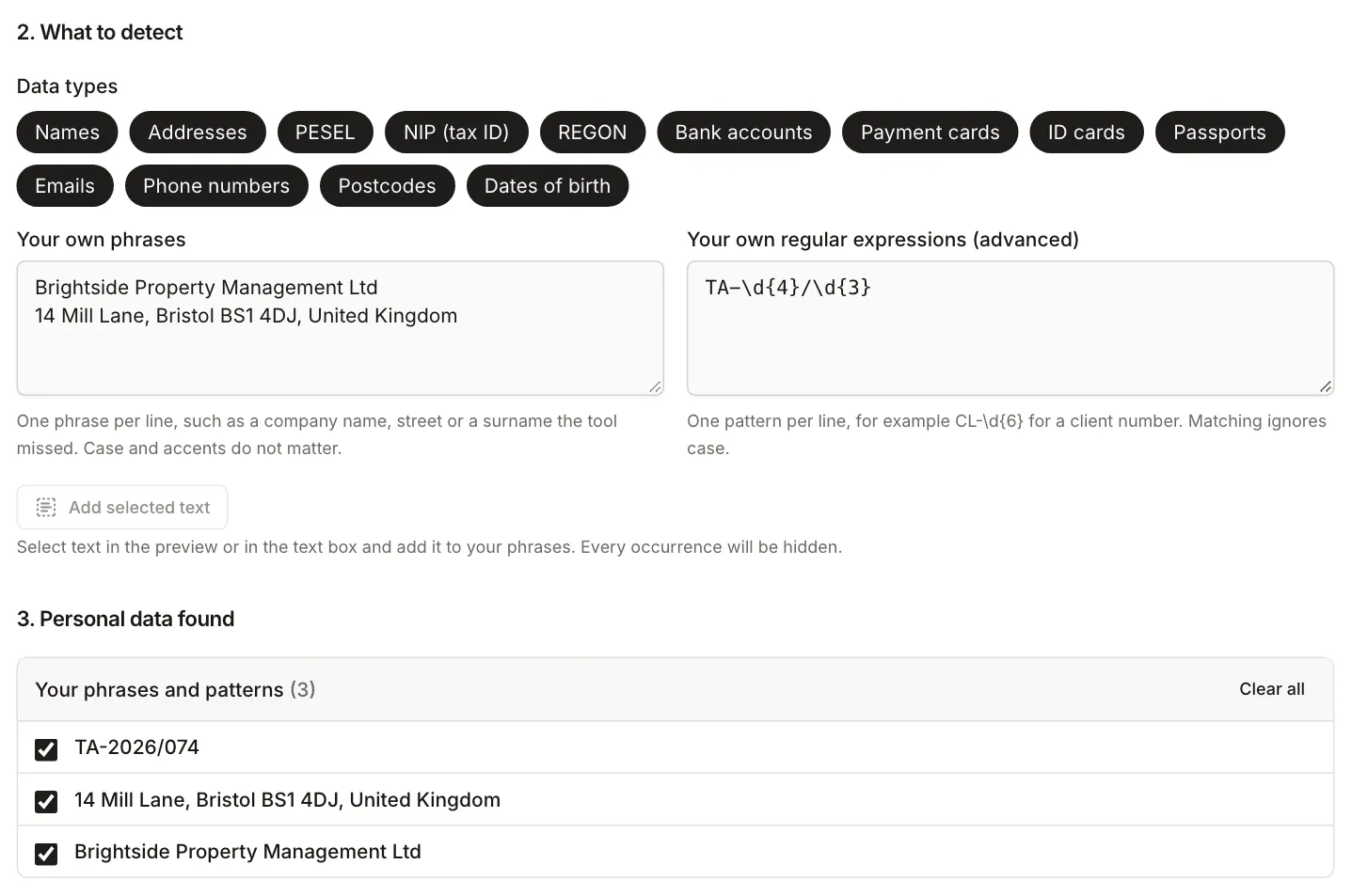 Fields Your own phrases with a company name and a UK address and Your own regular expressions with a pattern for the agreement number, below them the group Your phrases and patterns with three items