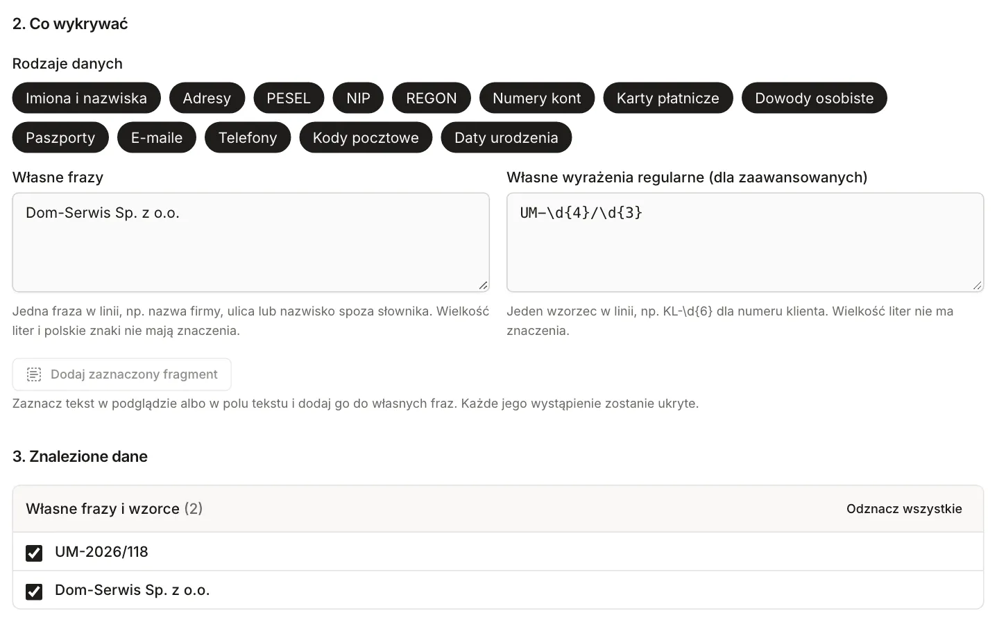 Pola Własne frazy z nazwą firmy i Własne wyrażenia regularne z wzorcem numeru umowy, pod nimi grupa Własne frazy i wzorce z dwiema pozycjami