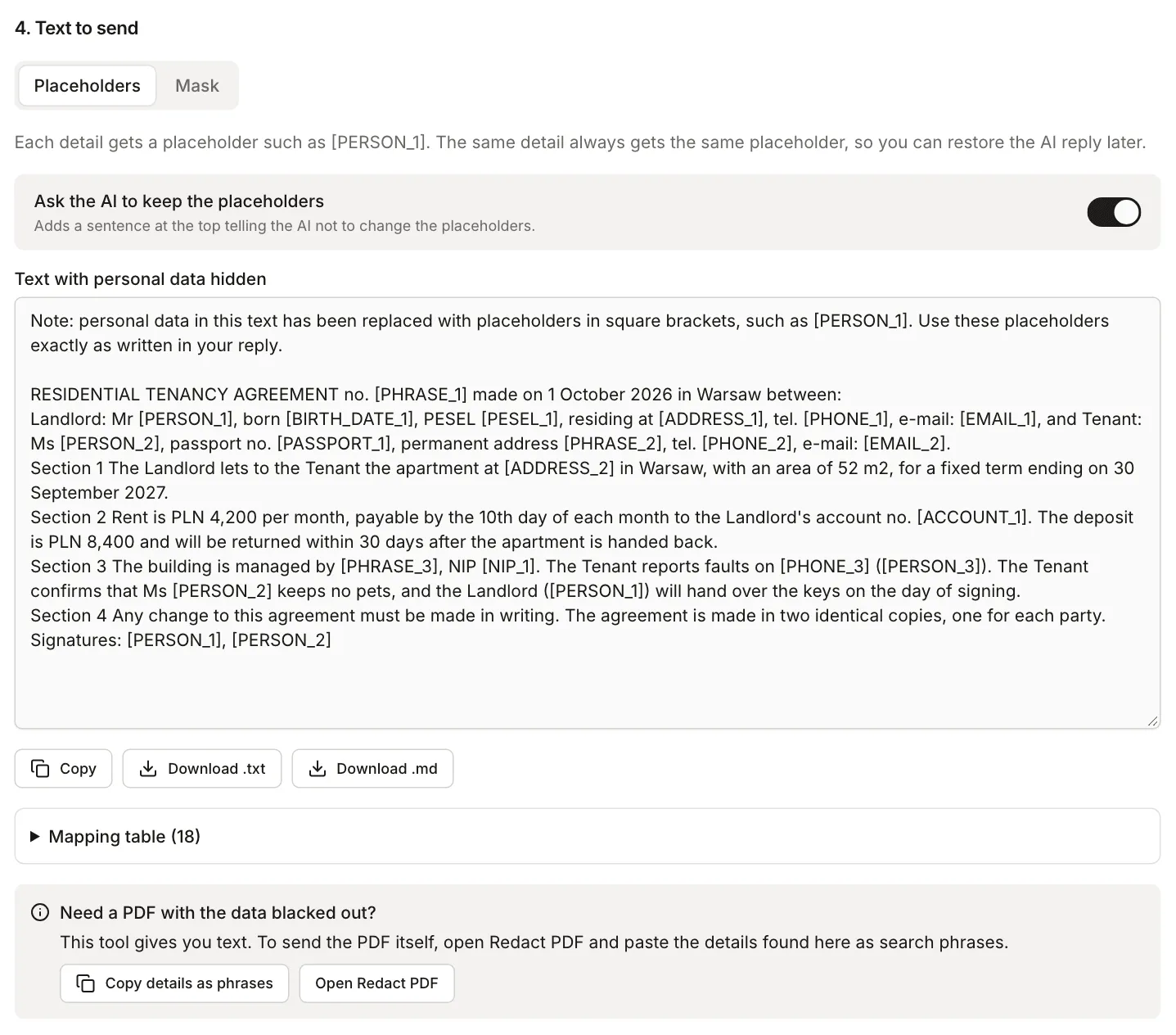 The Text to send section in Placeholders mode: the agreement with PERSON_1, PESEL_1, ADDRESS_1 and PHRASE_1 placeholders, below it the copy buttons and a mapping table with 18 entries