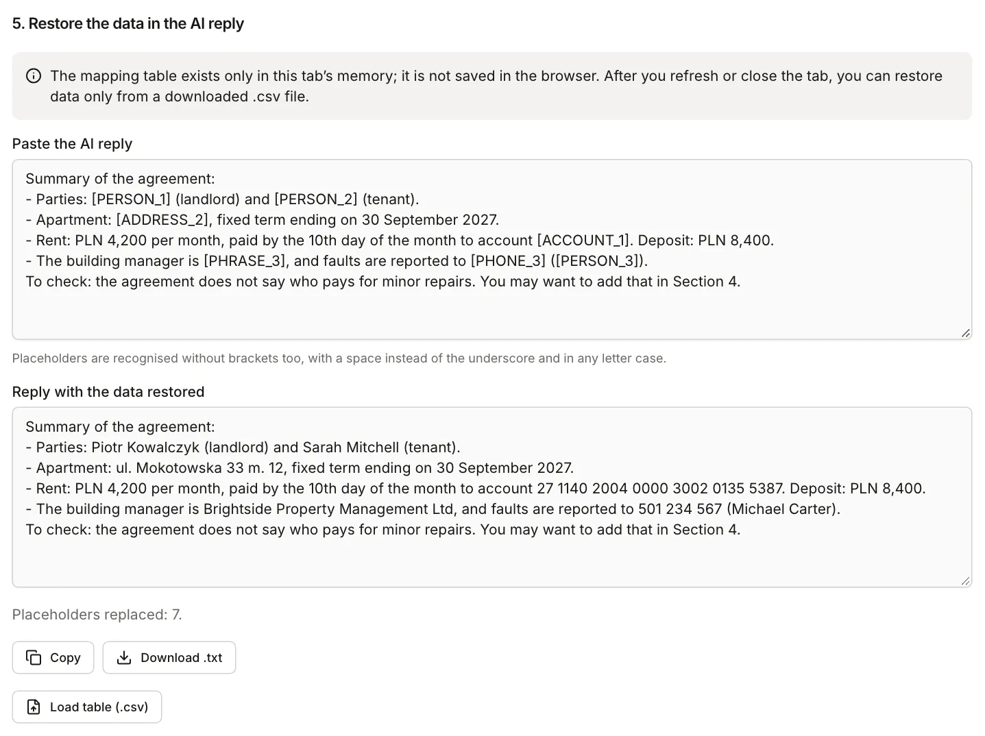 The Restore the data in the AI reply section: a reply with placeholders and the same reply with names, an address, a bank account number and a phone number restored, below it a note that 7 placeholders were replaced