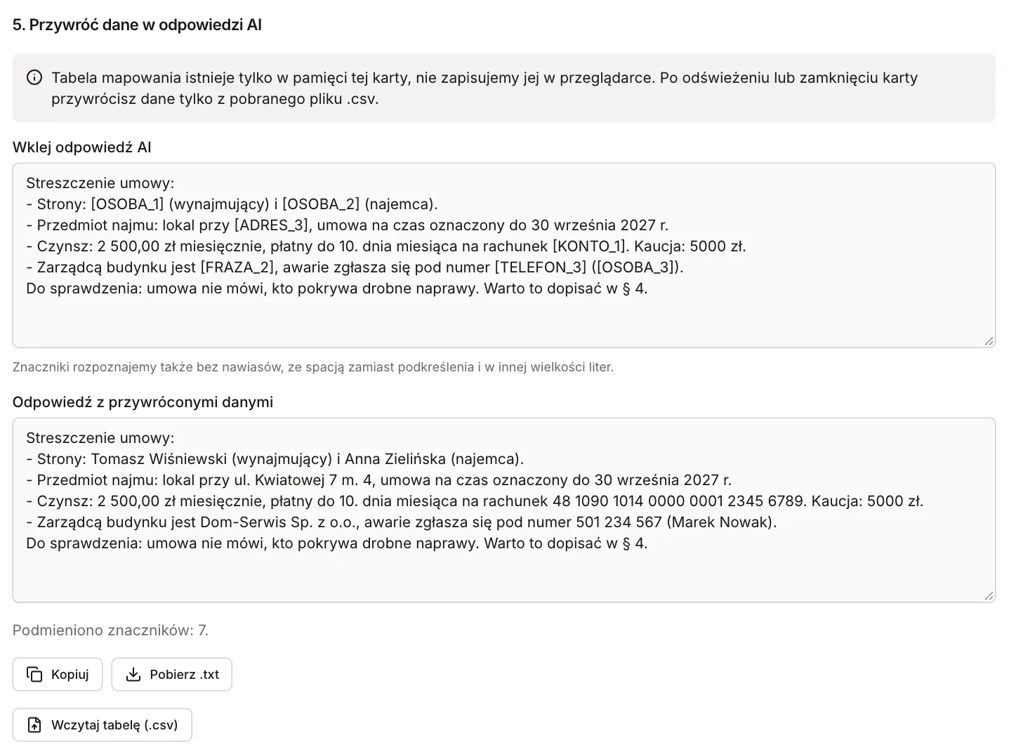Sekcja Przywróć dane w odpowiedzi AI: odpowiedź ze znacznikami i ta sama odpowiedź z przywróconymi nazwiskami, adresem, numerem konta i telefonem, pod spodem informacja o 7 podmienionych znacznikach