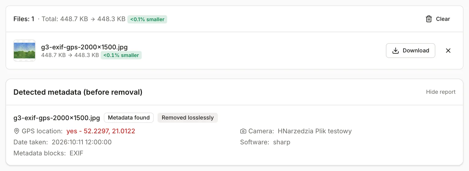 EXIF and GPS remover report for the test file: GPS location 52.2297, 21.0122, camera, date taken and the “Removed losslessly” badge