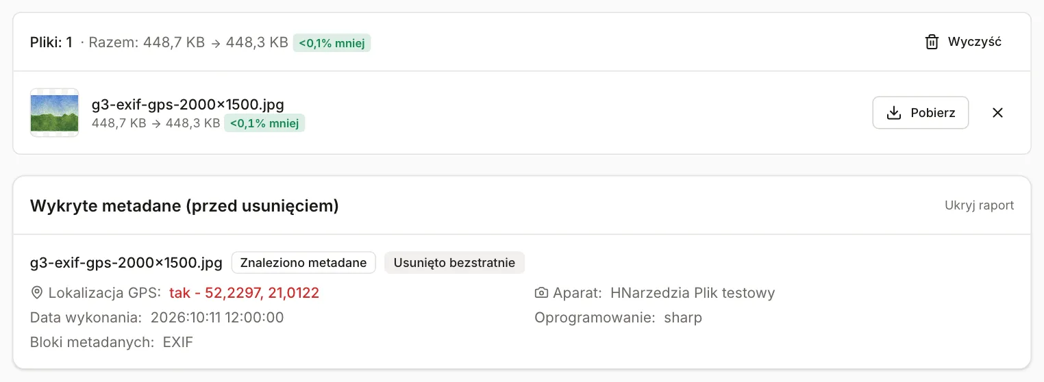 Raport narzędzia Usuwanie EXIF i GPS dla pliku testowego: wykryta lokalizacja GPS 52,2297, 21,0122, aparat, data wykonania i plakietka „Usunięto bezstratnie”