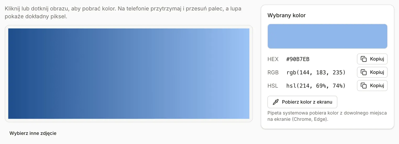 Narzędzie Pipeta kolorów ze zdjęcia z syntetycznym banerem w gradiencie błękitu: z prawej części obrazu pobrany został kolor #90B7EB