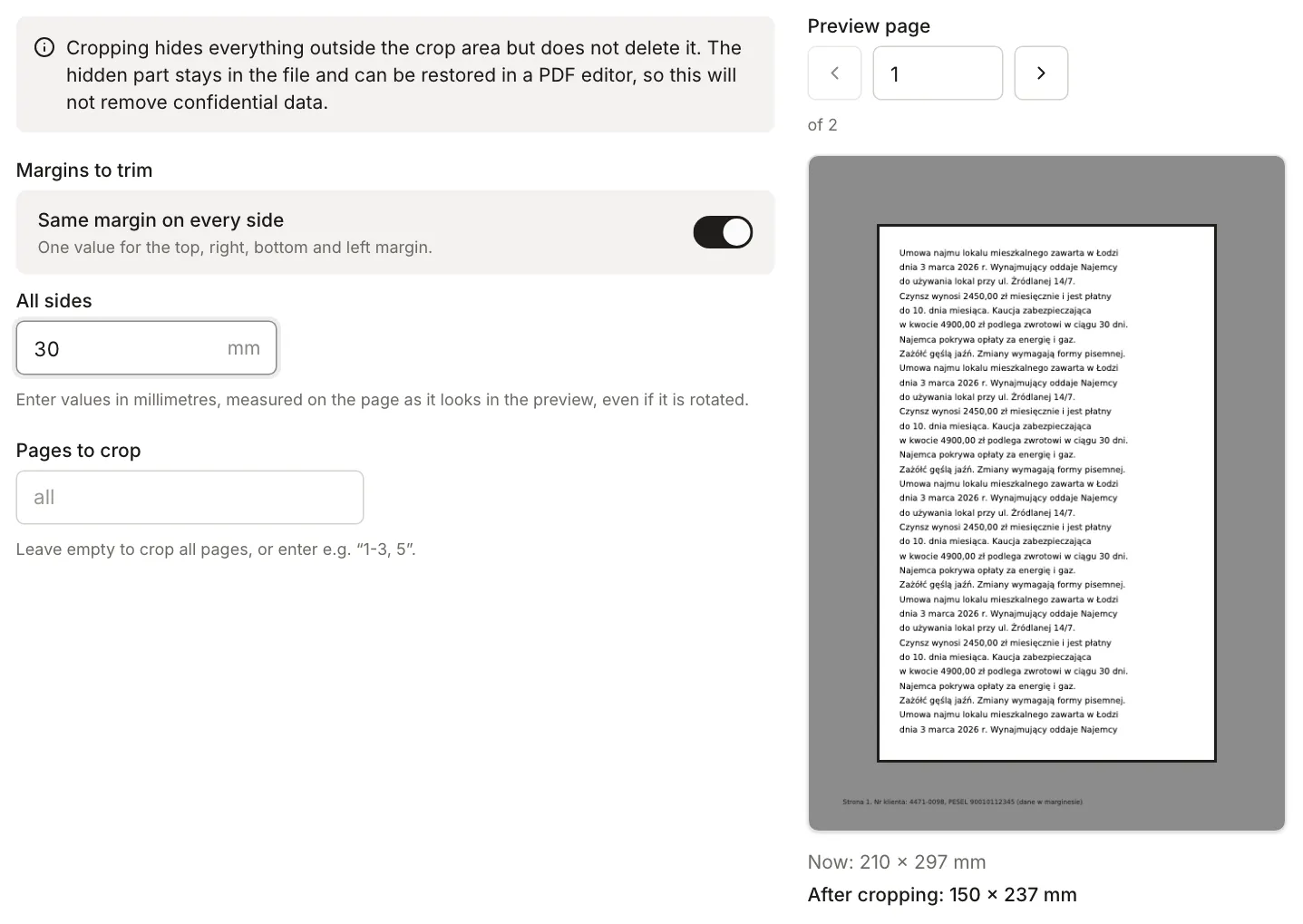 Crop PDF: preview of an A4 page with a 30 mm crop on every side; the footer with the ID number falls outside the crop