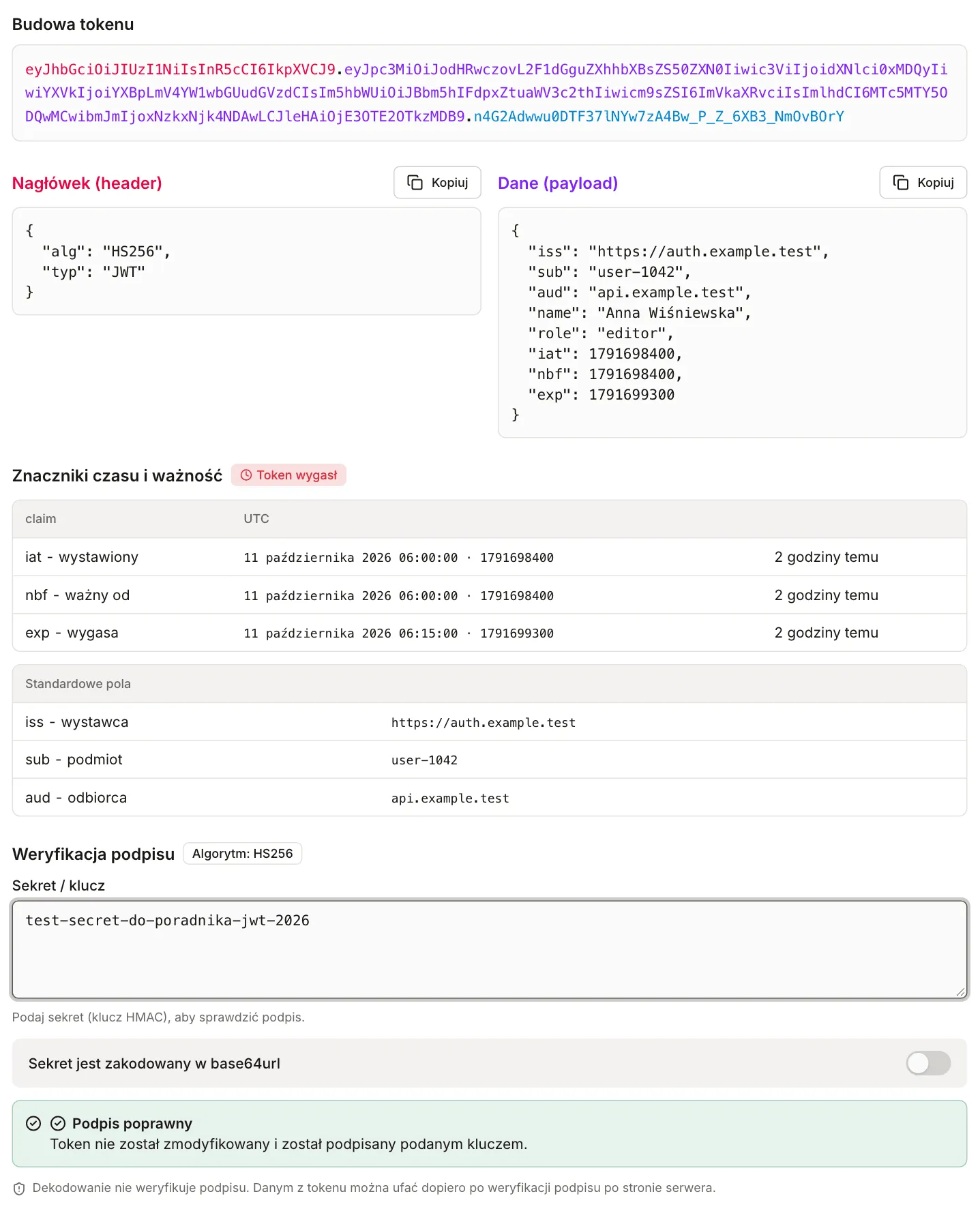 Dekoder JWT z wklejonym tokenem testowym: nagłówek i payload w JSON, status Token wygasł, daty iat, nbf i exp z liczbą sekund, na dole komunikat Podpis poprawny