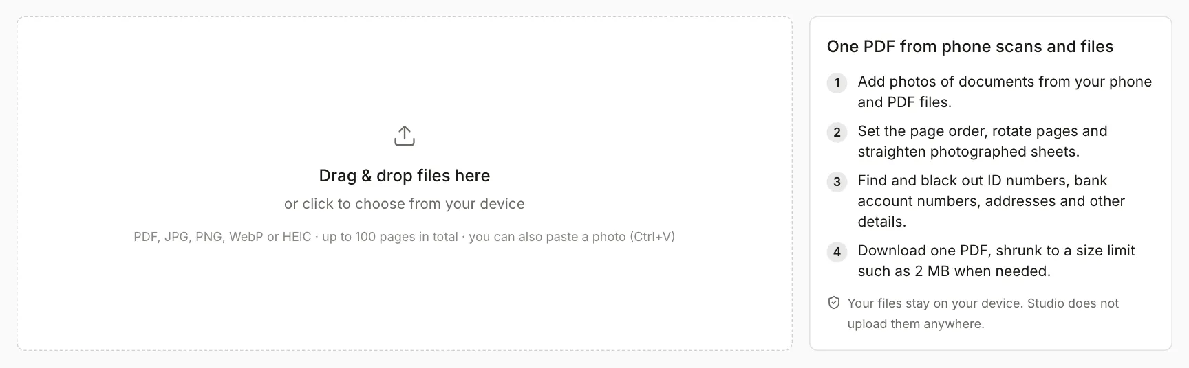 Empty Document Studio screen: a large field for dragging PDF files and photos, and on the right four working steps and a note that files stay on your device