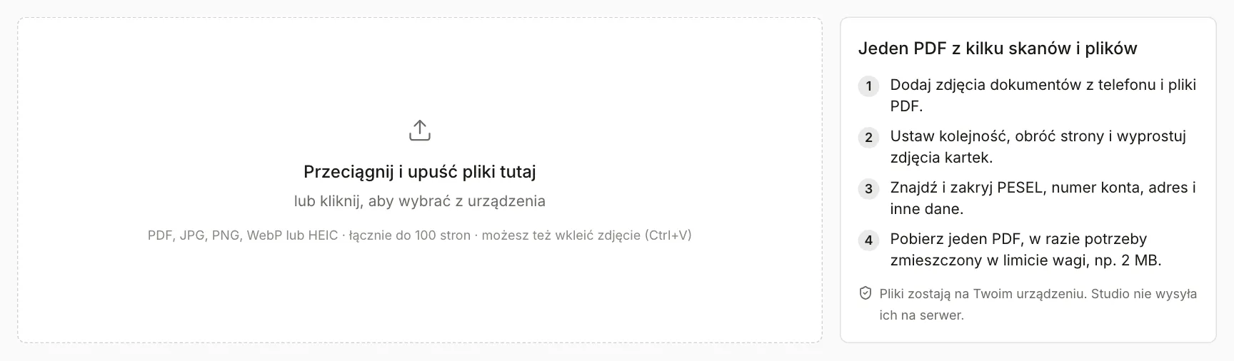 Pusty ekran Studia Dokumentów: duże pole do przeciągania plików PDF i zdjęć, a po prawej cztery kroki pracy i informacja, że pliki zostają na urządzeniu