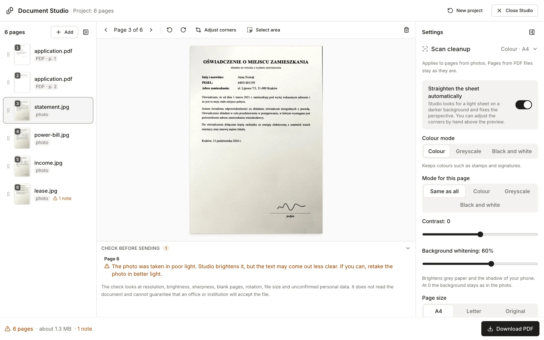 Document Studio with six pages: on the left an application PDF and four photos, in the middle the straightened photo of a statement on a white A4 sheet, on the right the scan cleanup settings, and under the preview one note about a dark photo on page 6