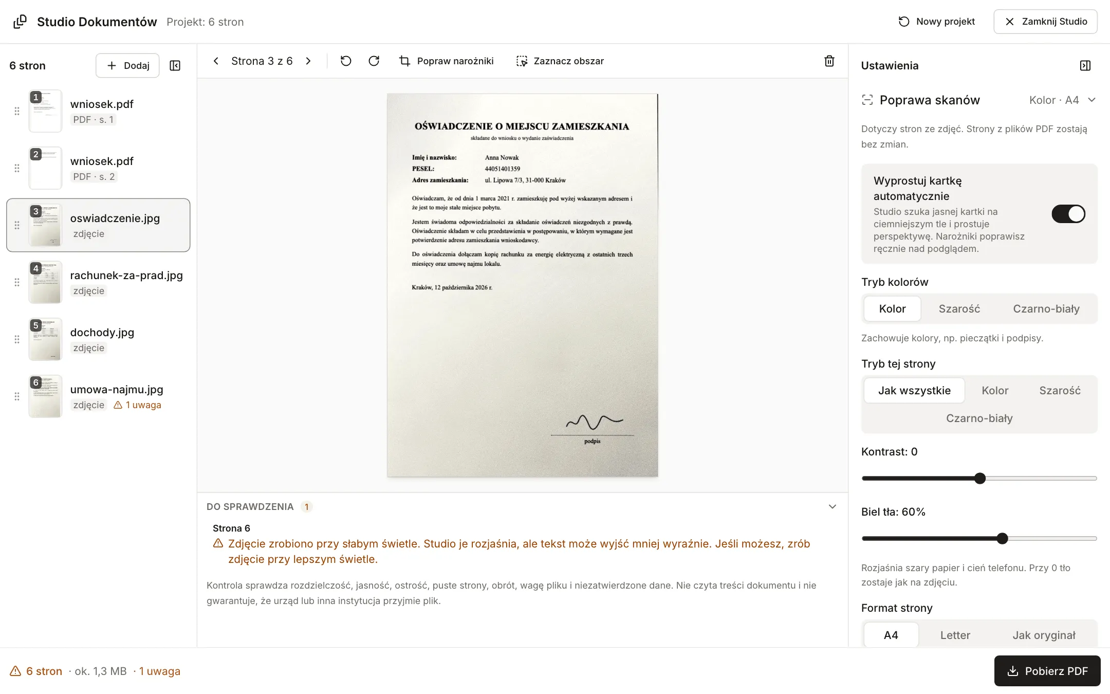 Studio Dokumentów z sześcioma stronami: po lewej wniosek w PDF i cztery zdjęcia, pośrodku wyprostowane zdjęcie oświadczenia na białej kartce A4, po prawej ustawienia poprawy skanów, pod podglądem jedna uwaga o ciemnym zdjęciu na stronie 6