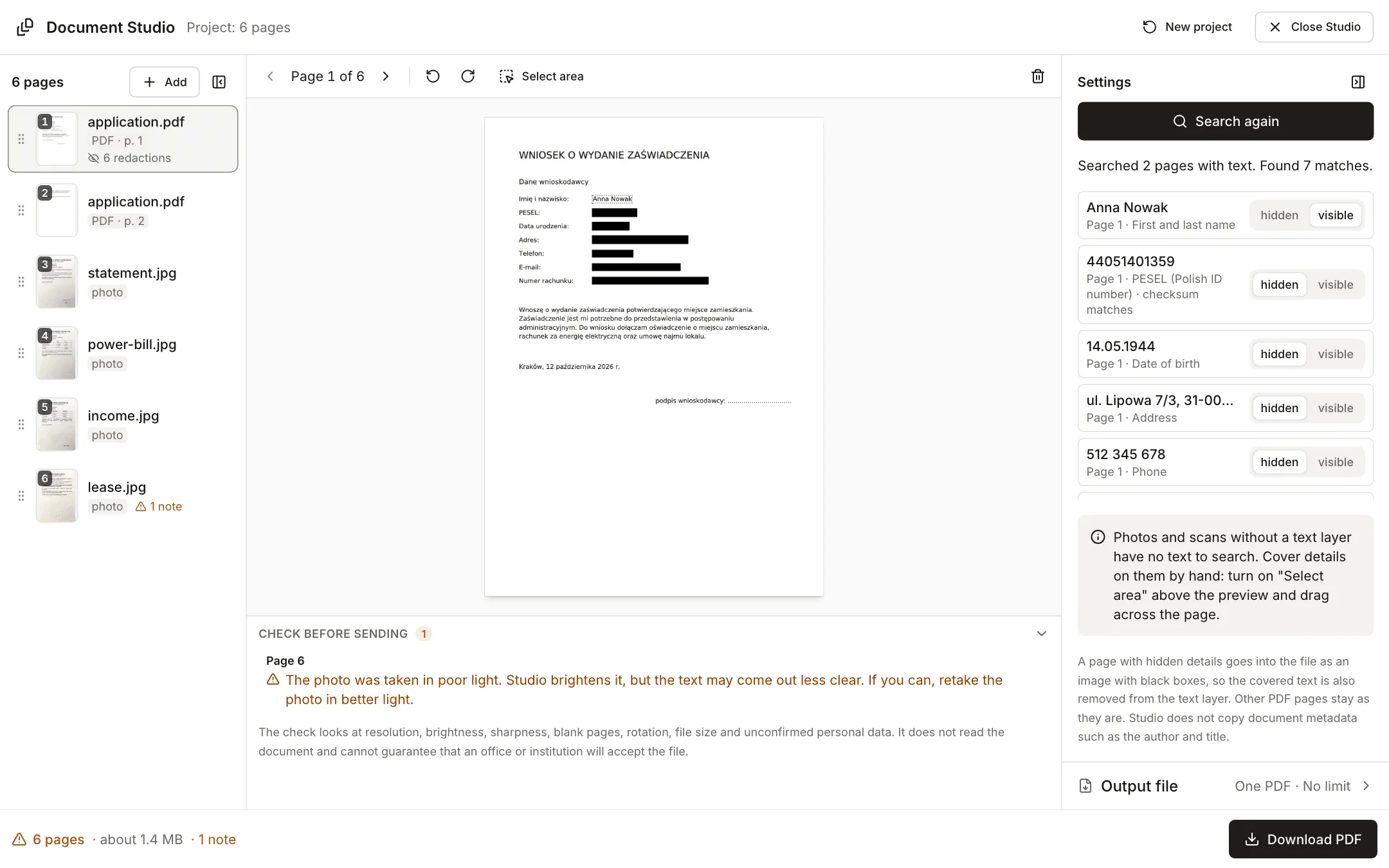 Application PDF with black boxes over the PESEL, date of birth, address, phone, email and account number, the name left visible, and on the right a list of seven matches with the states hidden and visible