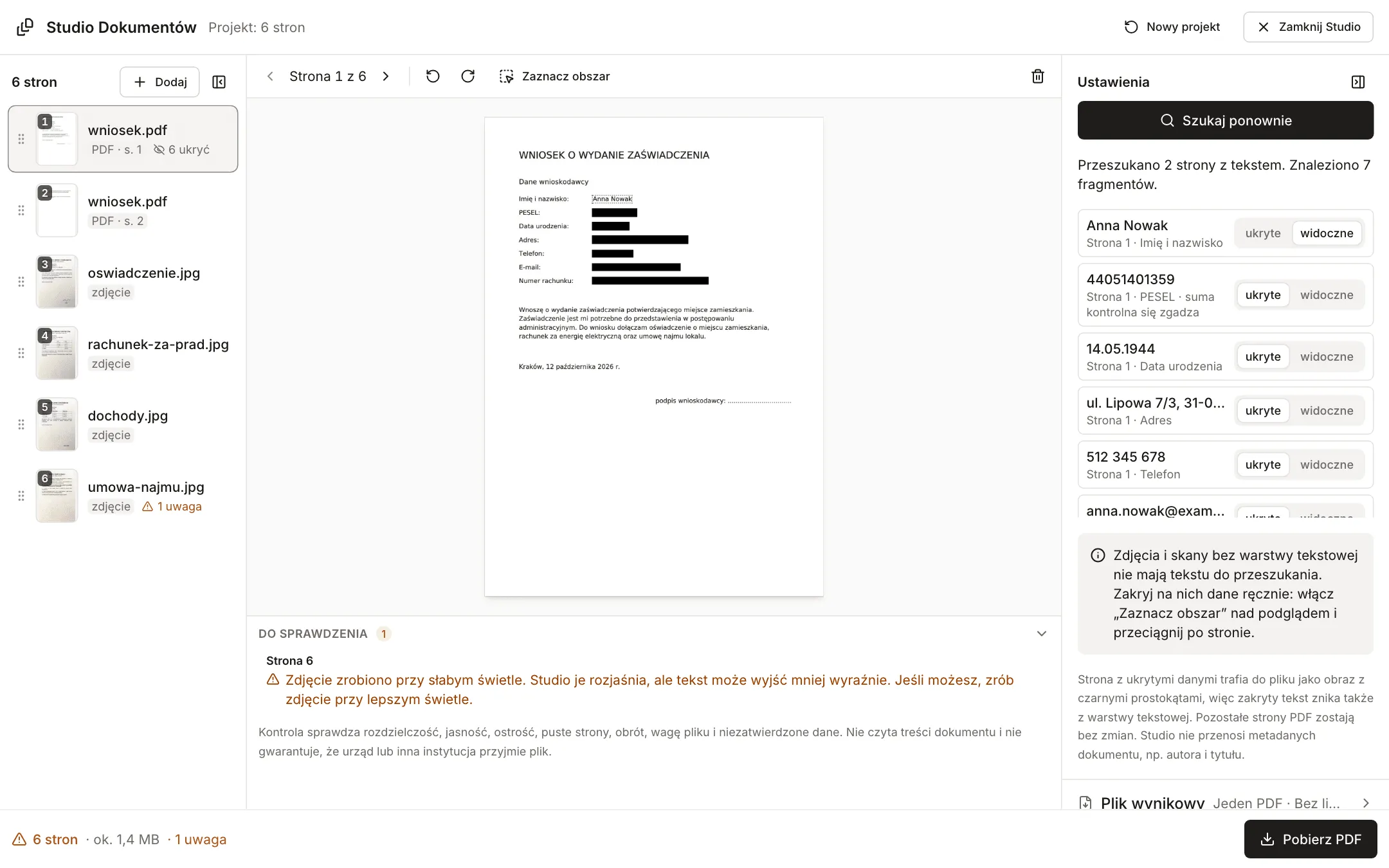 Wniosek w PDF z zakrytymi na czarno danymi: PESEL, data urodzenia, adres, telefon, e-mail i numer rachunku, imię i nazwisko zostało widoczne, po prawej lista siedmiu trafień ze stanami ukryte i widoczne