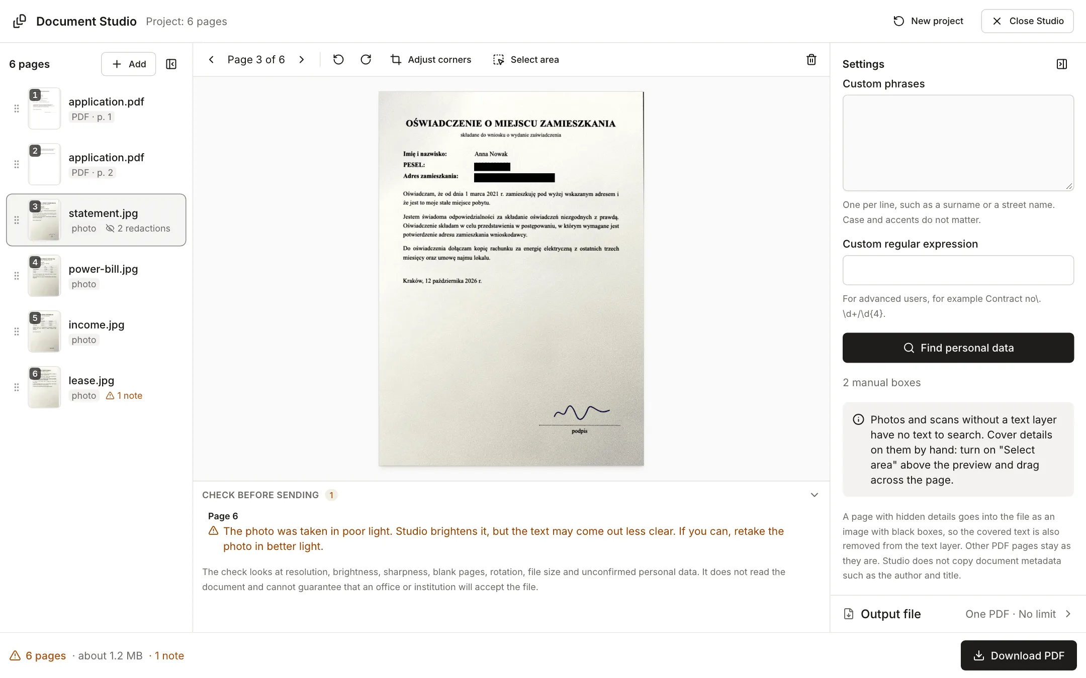 Photo of a statement with two black boxes drawn by hand over the PESEL and the address, and on the right a note about two manual boxes