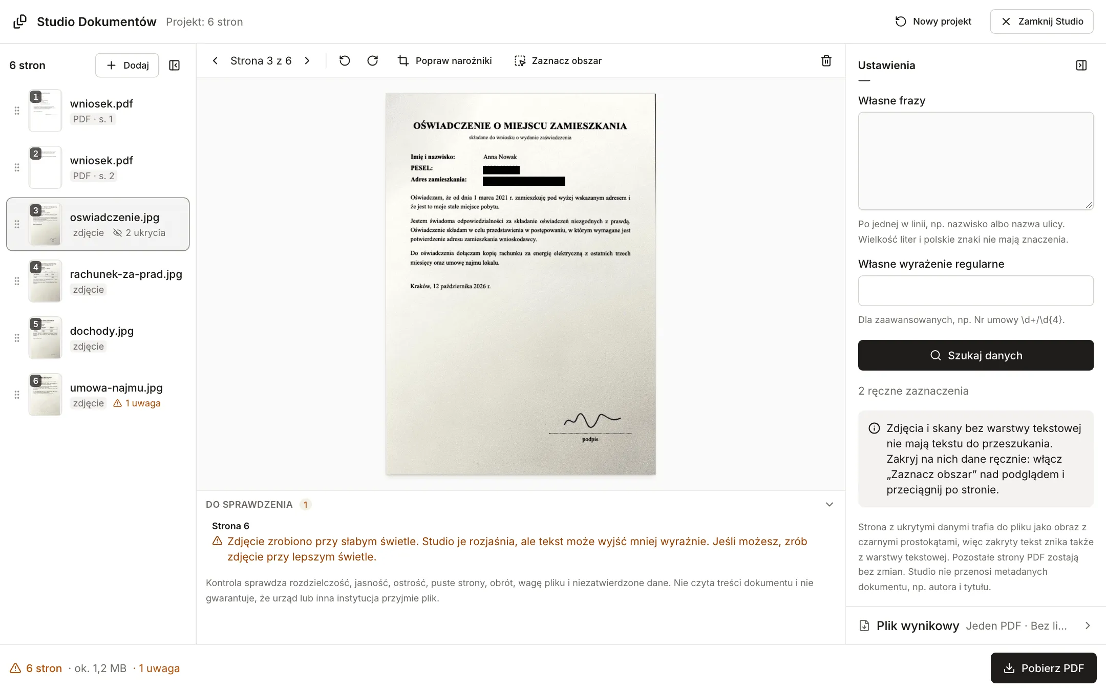 Zdjęcie oświadczenia z dwoma czarnymi prostokątami zakrywającymi PESEL i adres zaznaczone ręcznie, po prawej informacja o dwóch ręcznych zaznaczeniach
