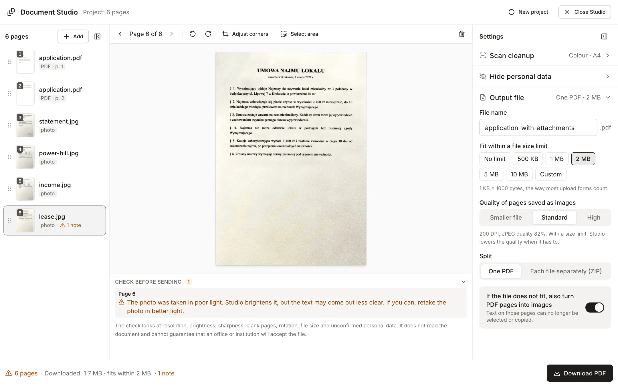 Output file section with a file name, a 2 MB limit and Standard quality; the bottom bar reads Downloaded 1.7 MB and fits within 2 MB, and under the preview a note about a dark photo on page 6