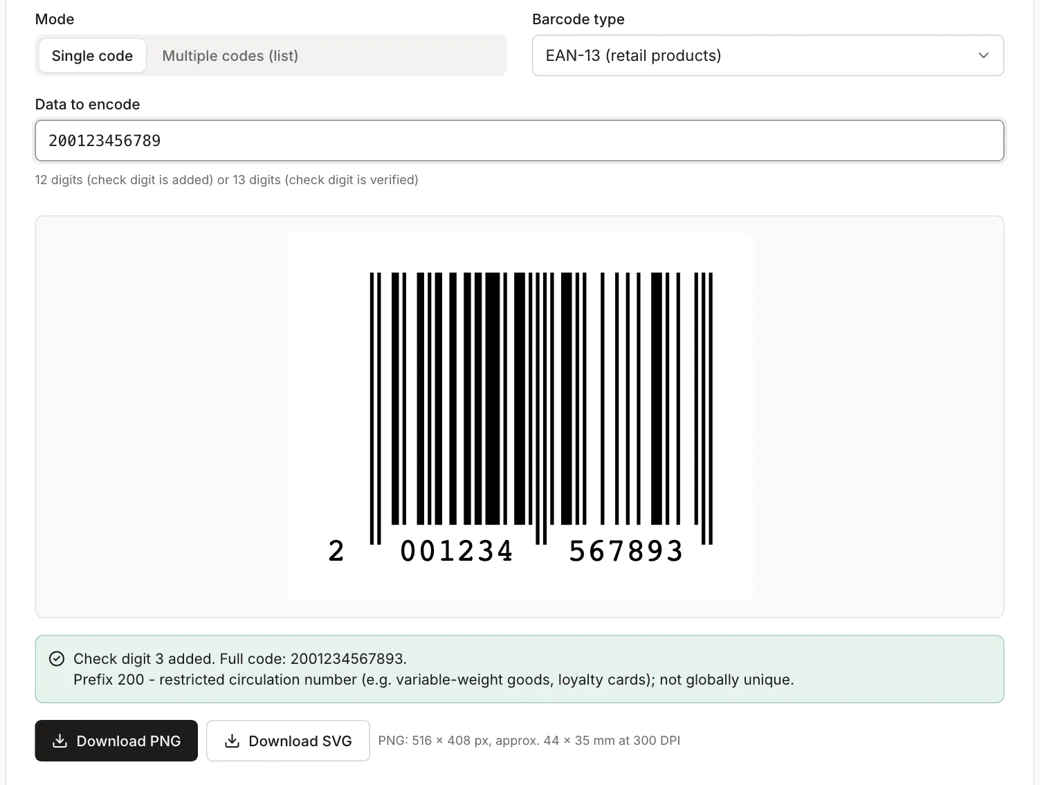 Barcode generator with 200123456789 entered: the tool added check digit 3, shows the EAN-13 code 2001234567893 and a note that prefix 200 is an internal-use number
