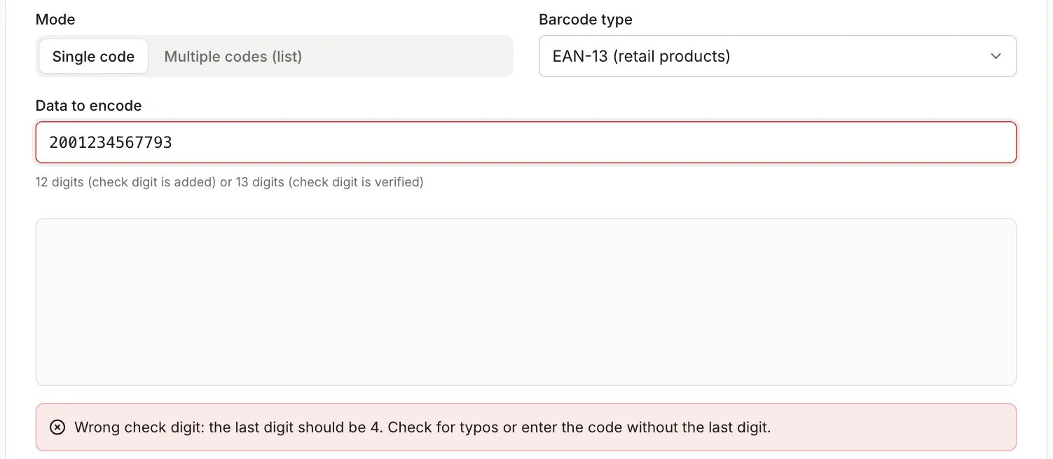 Barcode generator with 2001234567793 entered: a red message that the check digit is wrong and should be 4, with an empty preview