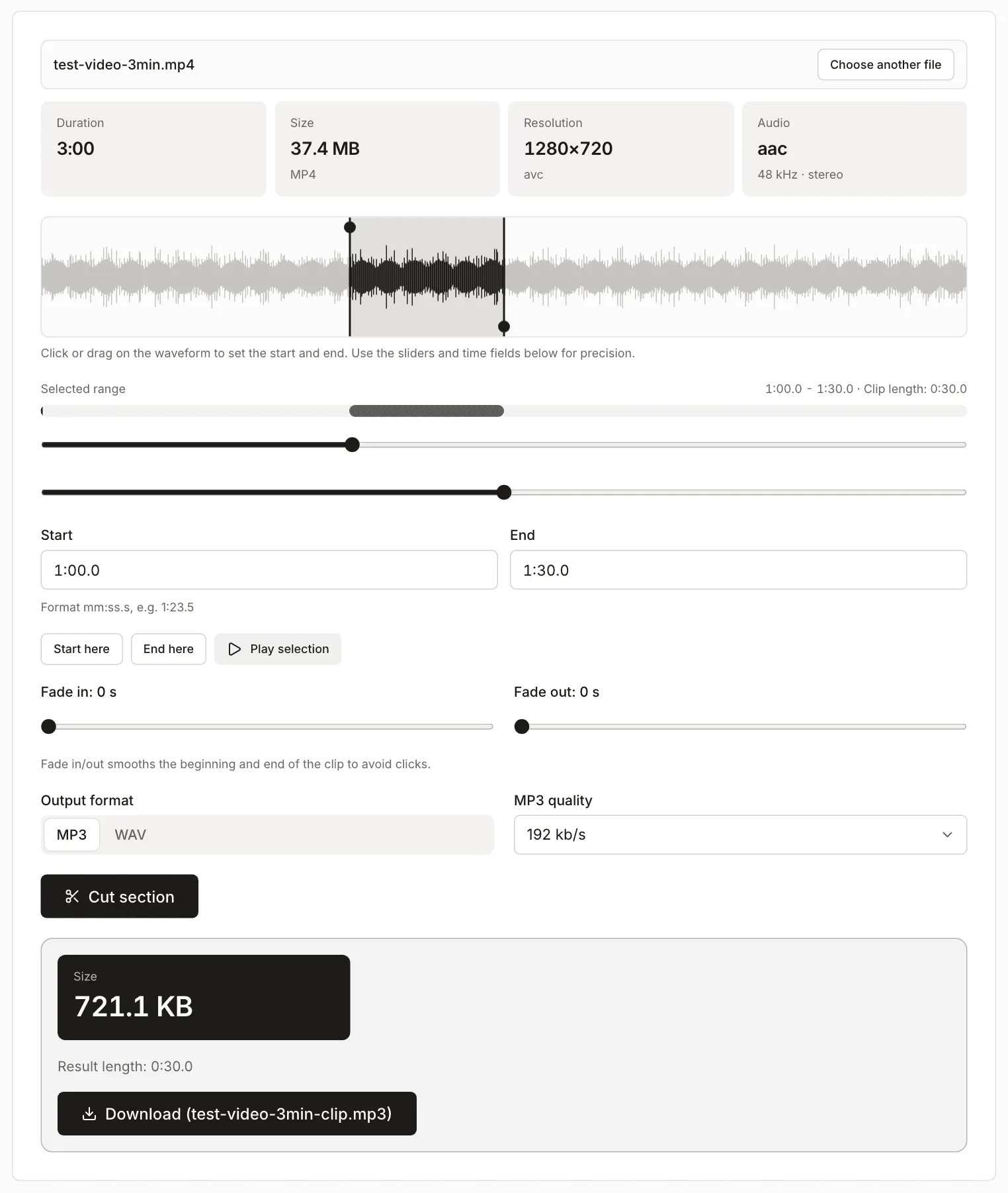 Audio cutter with the 1:00-1:30 section of the test video selected and a result of 721.1 KB as 192 kb/s MP3