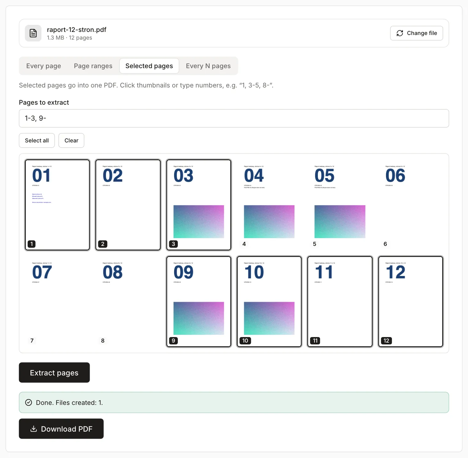 Split PDF in Selected pages mode: raport-12-stron.pdf with 12 thumbnails, pages 1-3 and 9-12 selected, result ready as one file