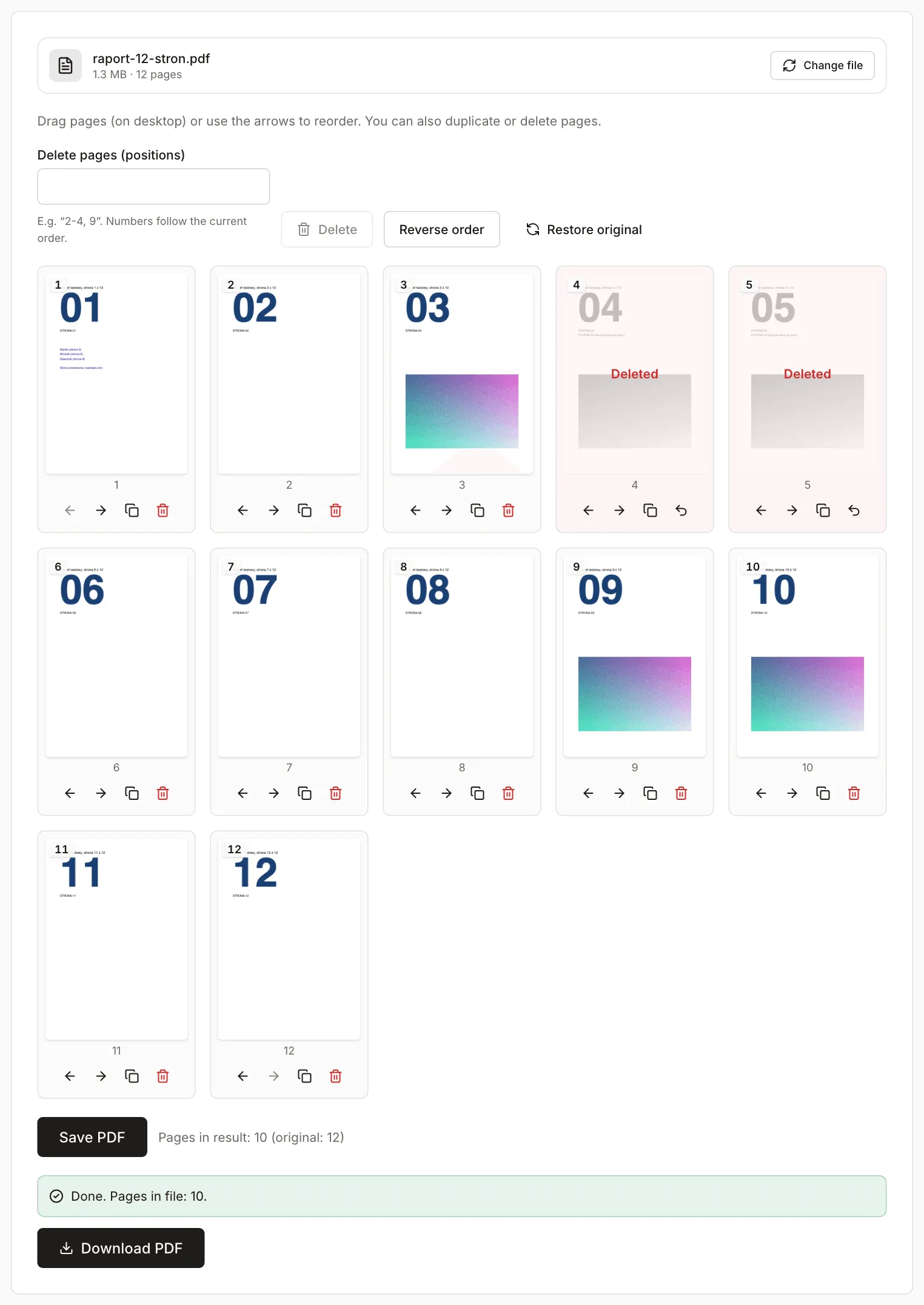 Organize PDF: pages 4 and 5 marked as deleted, summary showing 10 pages in the result out of 12 in the original