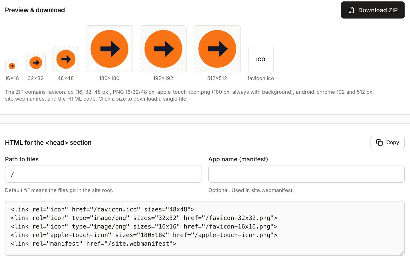 Favicon generator with a 512×512 px logo: previews at 16, 32, 48, 180, 192 and 512 px and the HTML to paste