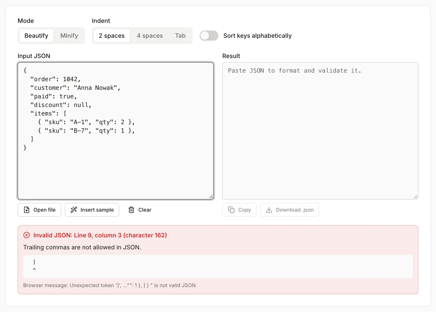 JSON formatter with the test order document: the message “Line 9, column 3 (character 162)” and and a caret under the closing square bracket that follows a trailing comma