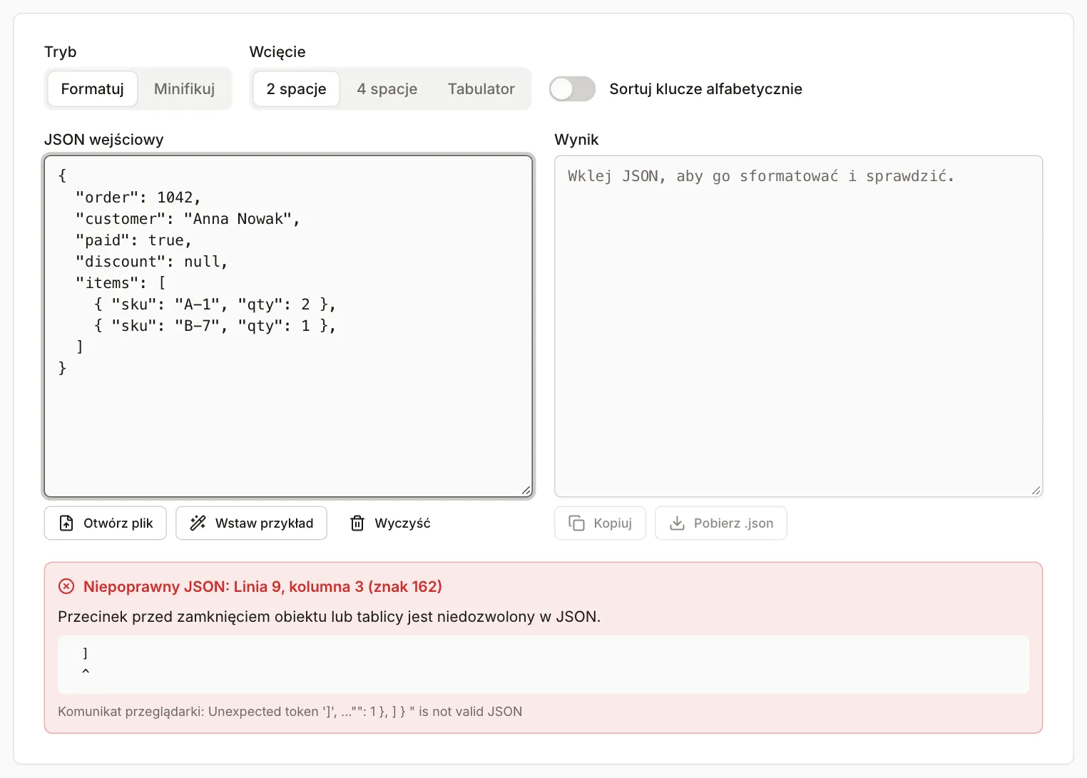 Formatowanie JSON z dokumentem testowym zamówienia: komunikat „Linia 9, kolumna 3 (znak 162)” i znacznik pod zamykającym nawiasem kwadratowym po przecinku na końcu tablicy