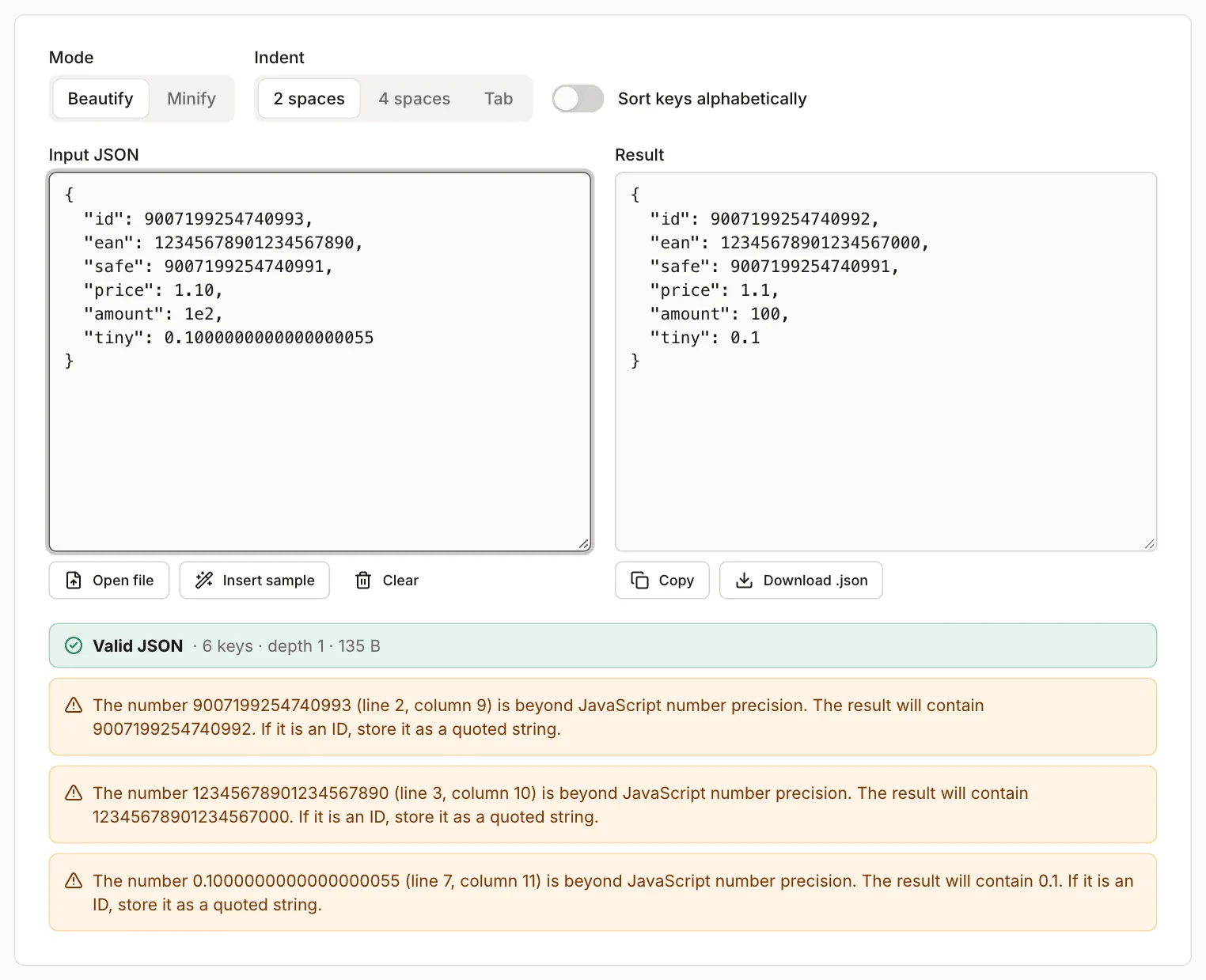 JSON formatter with the numbers test file: 9007199254740993 and 12345678901234567890 on the left, 9007199254740992 and 12345678901234567000 on the right, and a green “Valid JSON” message below it followed by three yellow warnings about numbers that changed value
