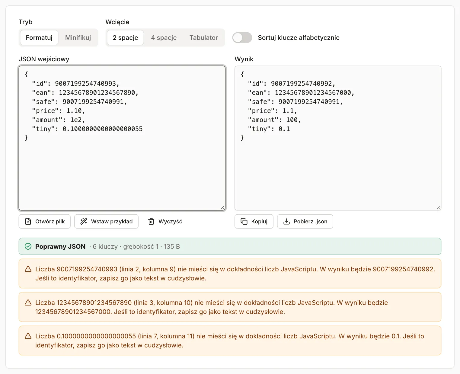 Formatowanie JSON z plikiem liczb testowych: po lewej 9007199254740993 i 12345678901234567890, po prawej 9007199254740992 i 12345678901234567000, a pod spodem zielony komunikat „Poprawny JSON” i trzy żółte ostrzeżenia o liczbach, które zmieniły wartość