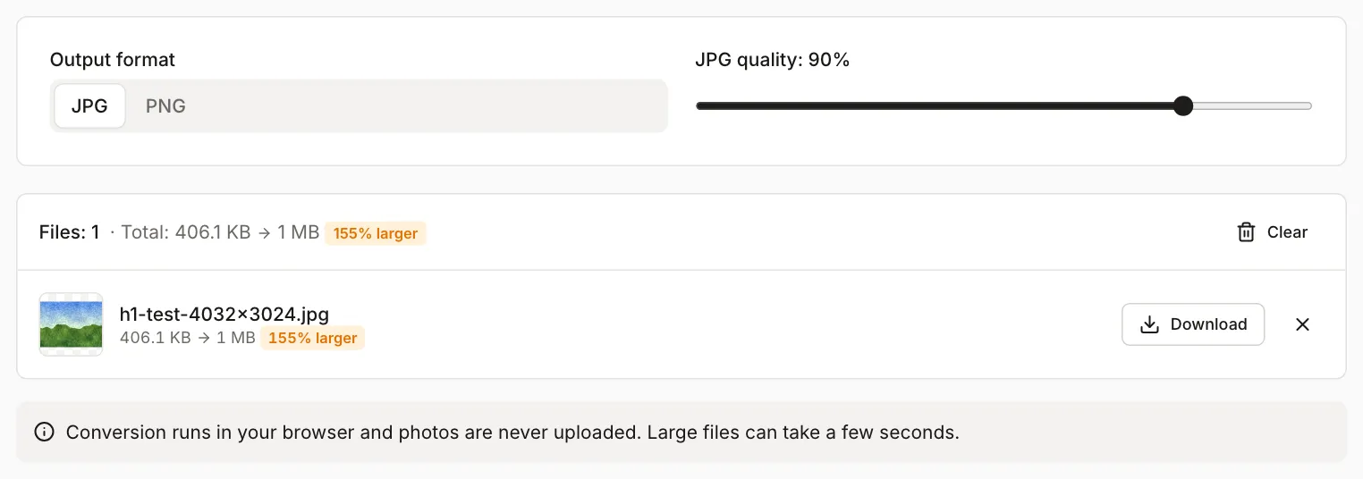 HEIC to JPG after converting the test file: 406.1 KB before and 1 MB after conversion to JPG at 90% quality