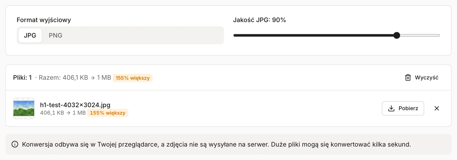 Narzędzie HEIC na JPG po konwersji pliku testowego: 406,1 KB przed i 1 MB po zamianie na JPG o jakości 90%