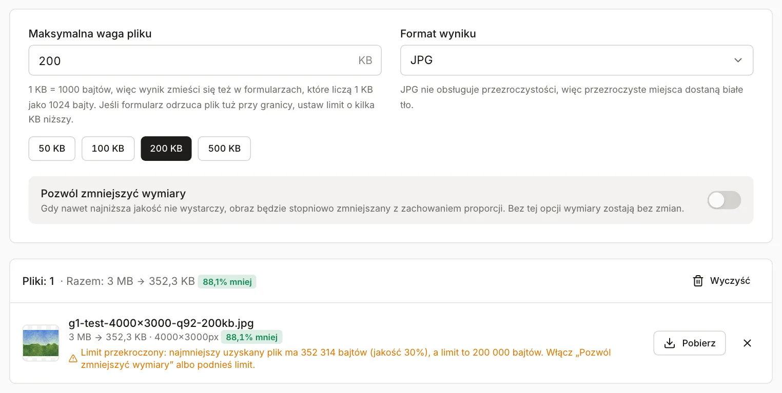 Narzędzie Zdjęcie do limitu KB z plikiem 4000×3000 px i limitem 200 KB: opcja „Pozwól zmniejszyć wymiary” jest wyłączona, a pod plikiem widać ostrzeżenie o przekroczeniu limitu