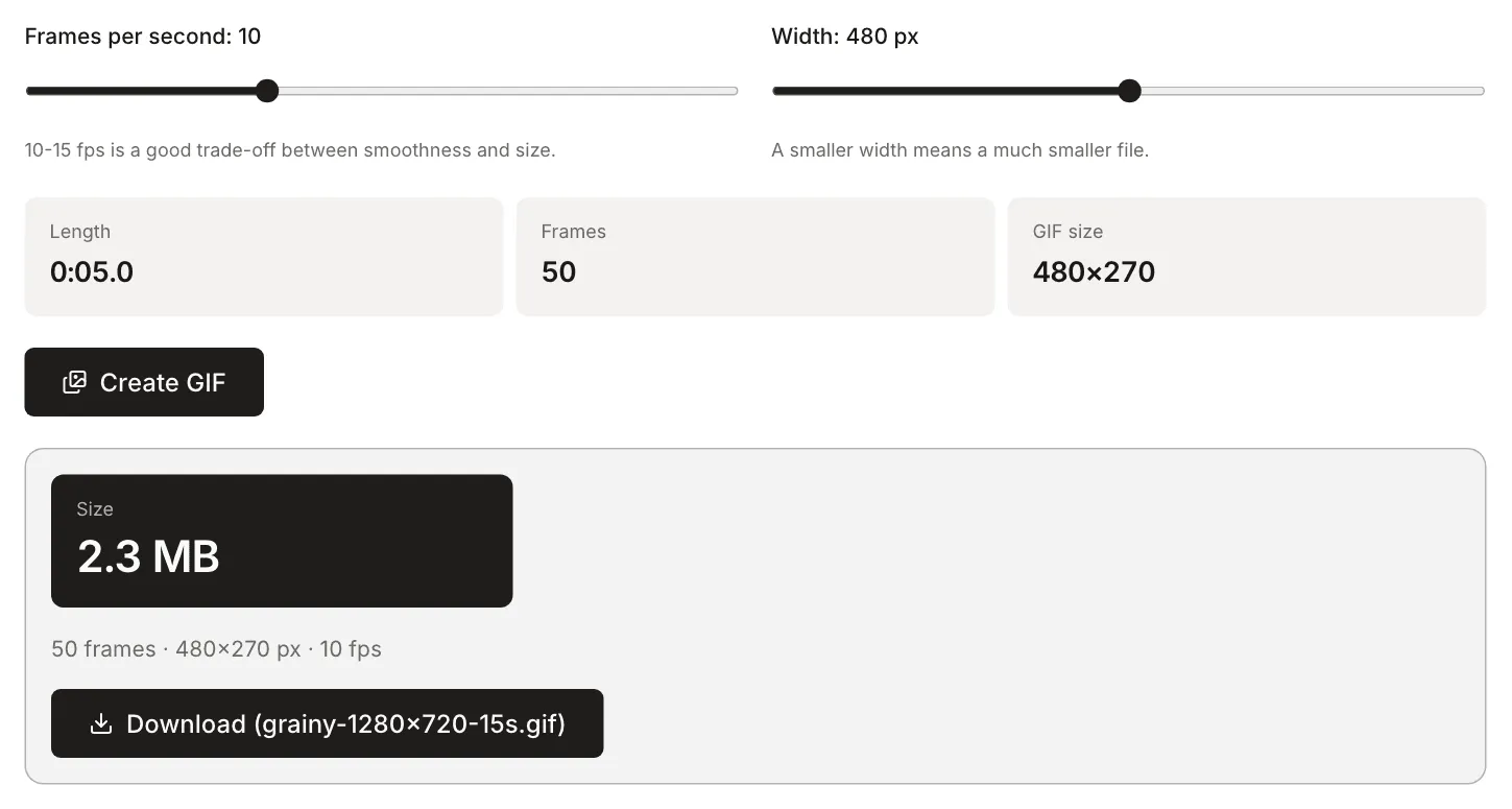 Video to GIF with the test clip: 10 frames per second, 480 px width, a 5 s clip, 50 frames at 480×270 and a finished GIF of 2.3 MB