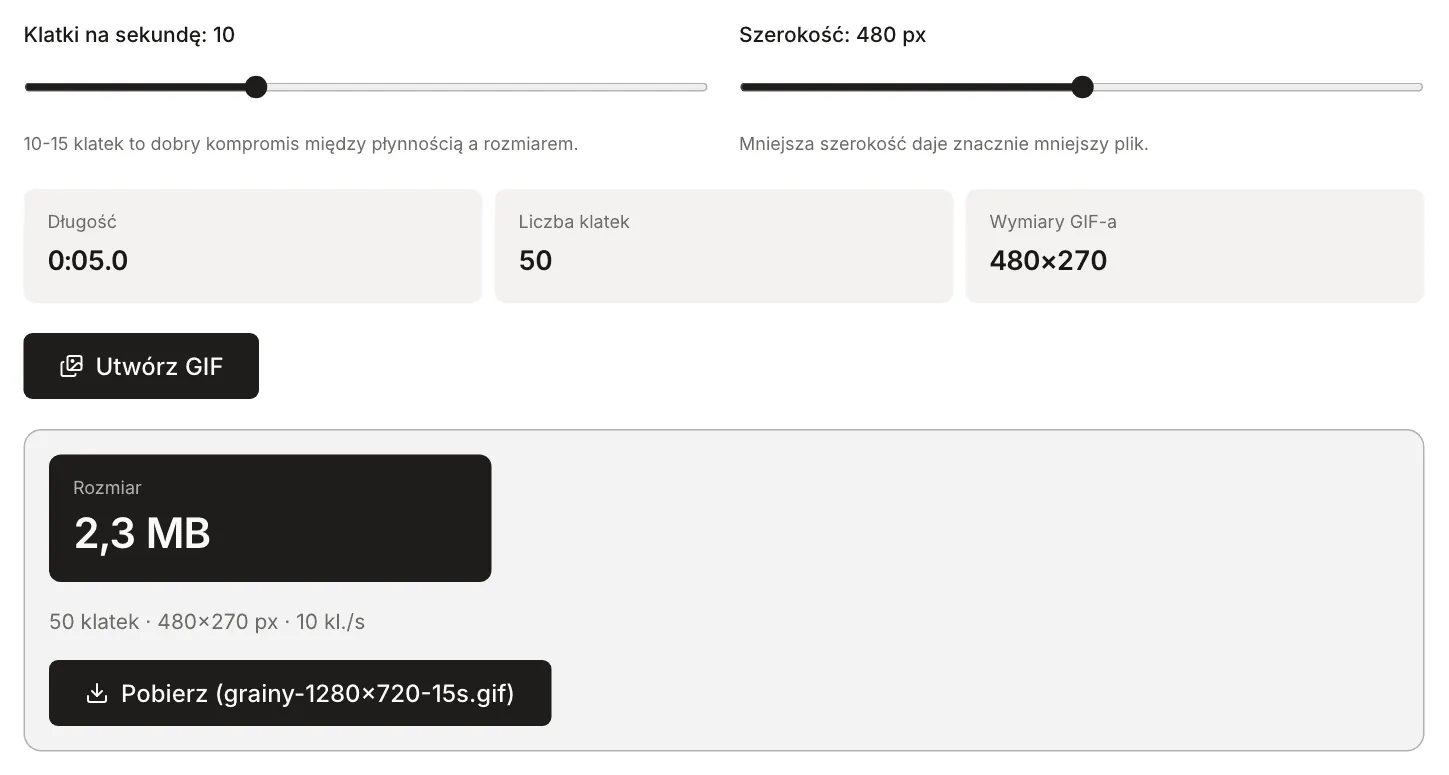 Narzędzie Wideo na GIF z filmem testowym: 10 klatek na sekundę, szerokość 480 px, fragment 5 s, 50 klatek 480×270 i gotowy GIF o wadze 2,3 MB