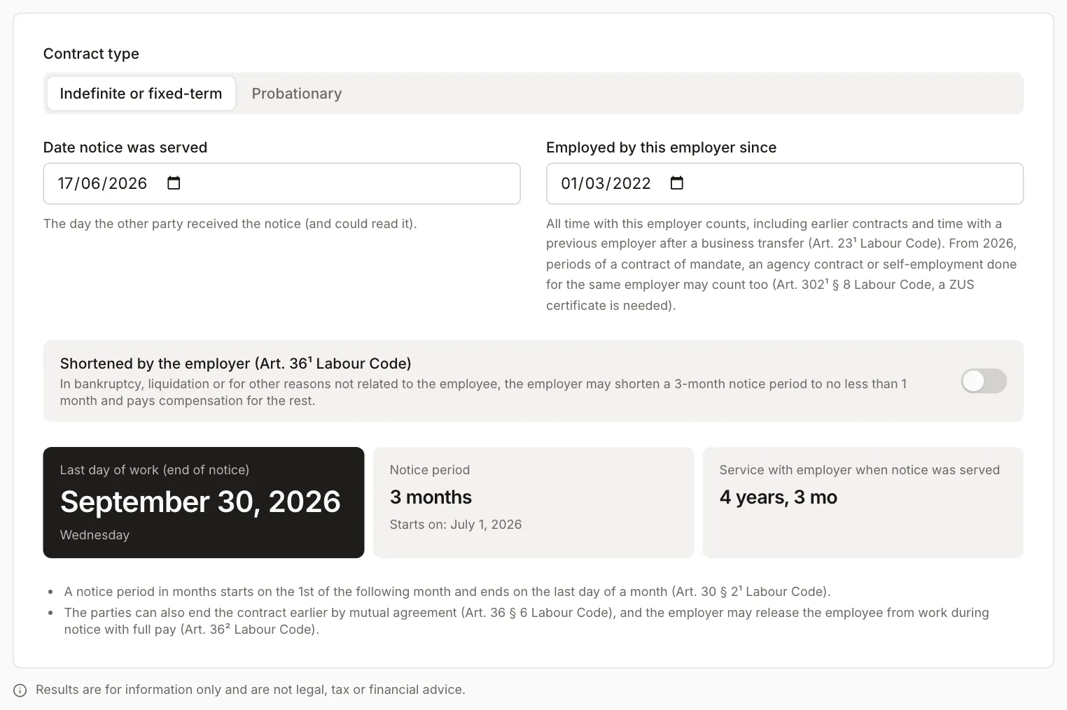Notice period calculator: employed since 1 March 2022, notice served 17 June 2026, 3-month period, last day of work Wednesday 30 September 2026