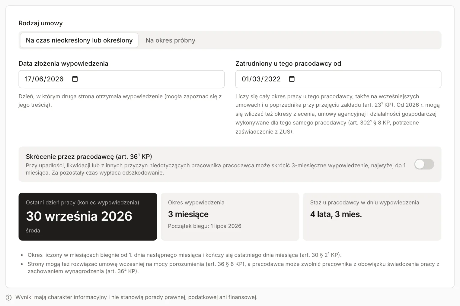 Kalkulator okresu wypowiedzenia: zatrudnienie od 1.03.2022, wypowiedzenie złożone 17.06.2026, okres 3 miesiące, ostatni dzień pracy środa 30 września 2026