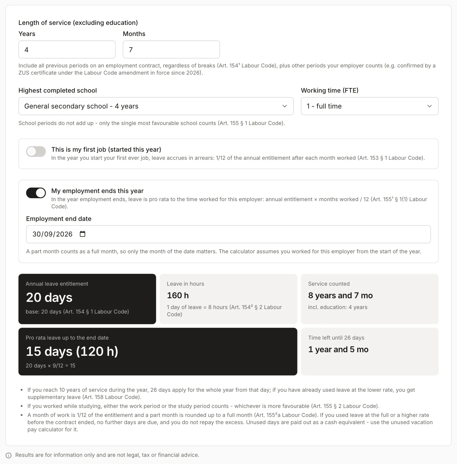 Annual leave calculator: 4 years 7 months of service, general secondary school, employment ending 30 September 2026, annual entitlement 20 days, proportional leave 15 days (120 hours)