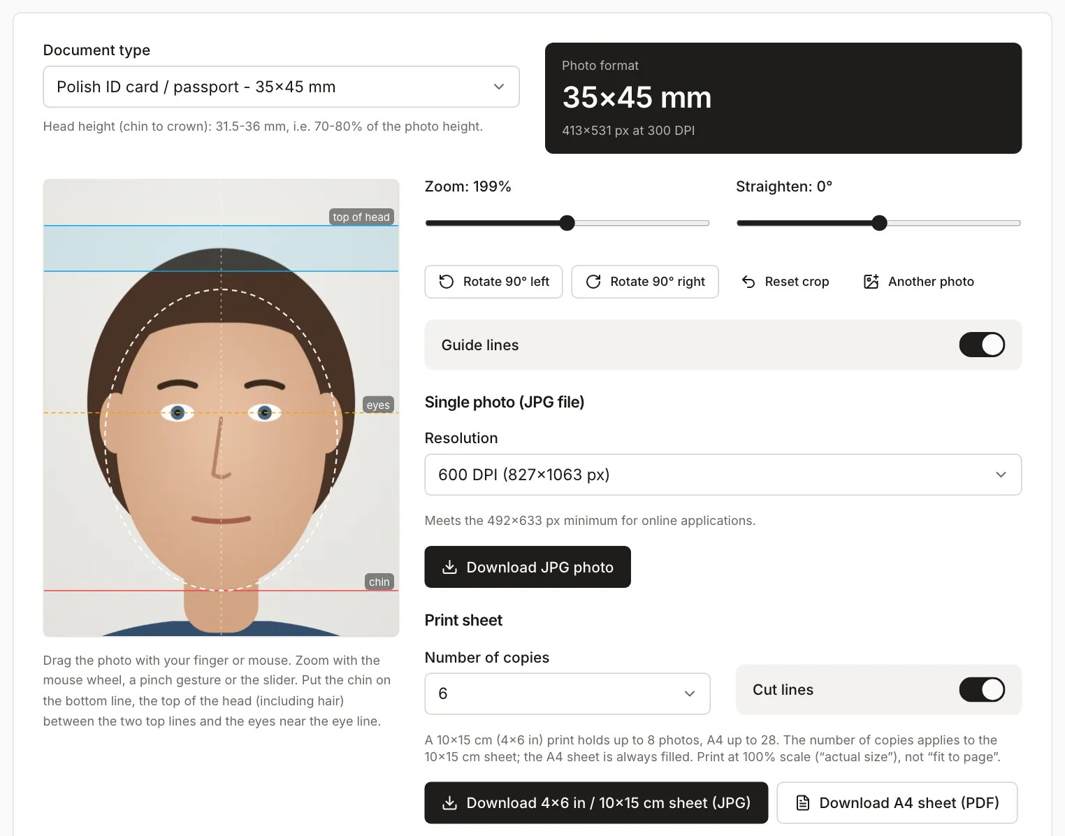 Passport photo maker with a synthetic figure aligned to the guide lines, 199% zoom and 600 DPI
