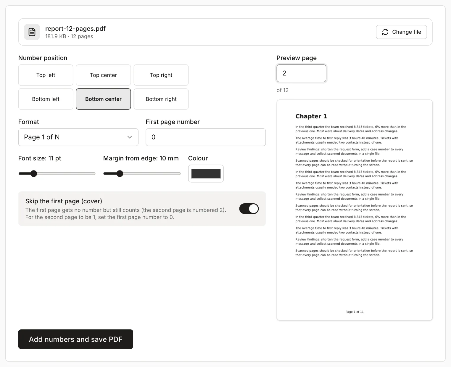 Add Page Numbers to PDF with the format “Page 1 of N”, first page number 0 and the cover skipped; the preview of page 2 shows “Page 1 of 11”