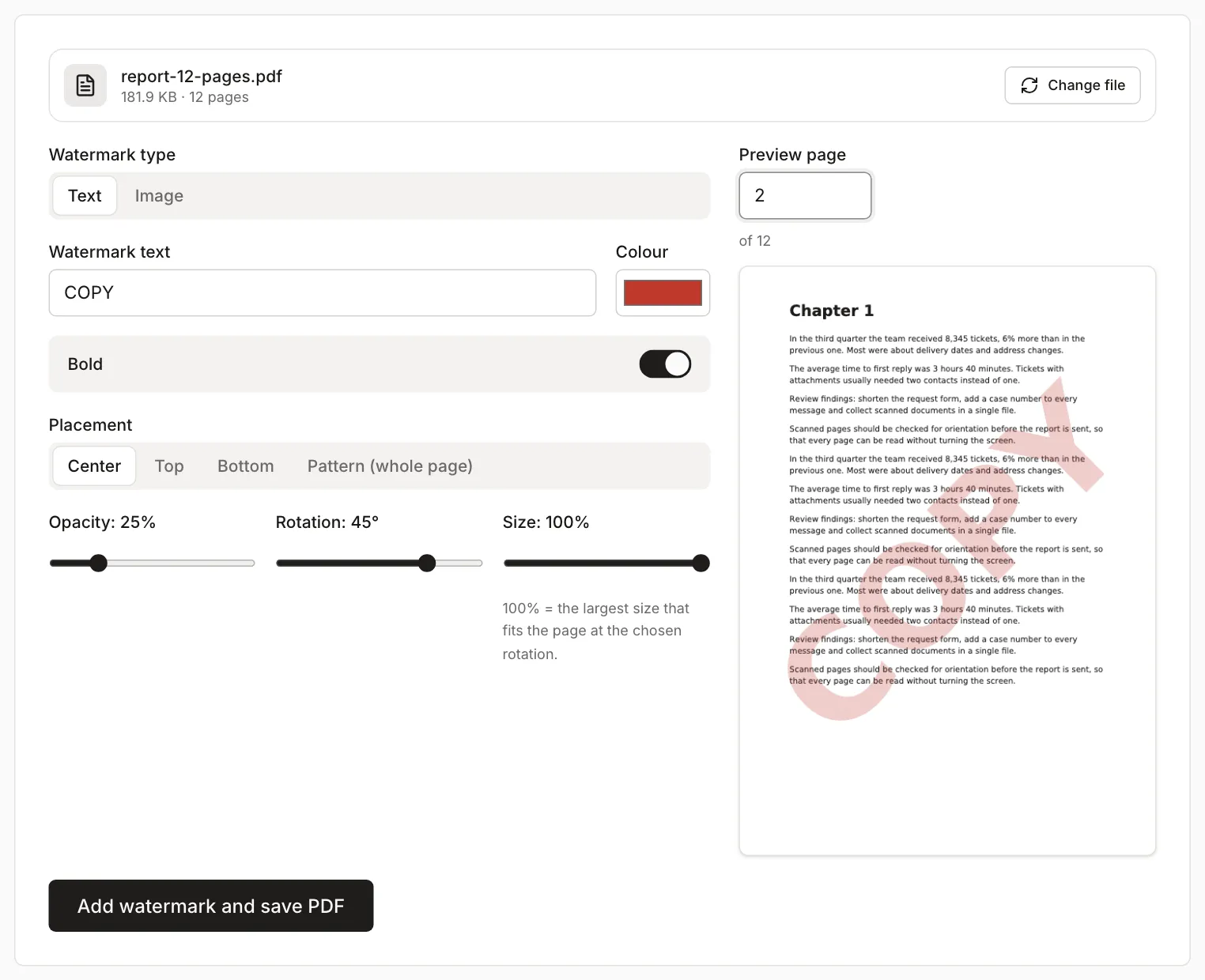 Add Watermark to PDF with red text COPY, 25% opacity, 45° rotation, placed in the center; the preview of page 2 shows the text over the body