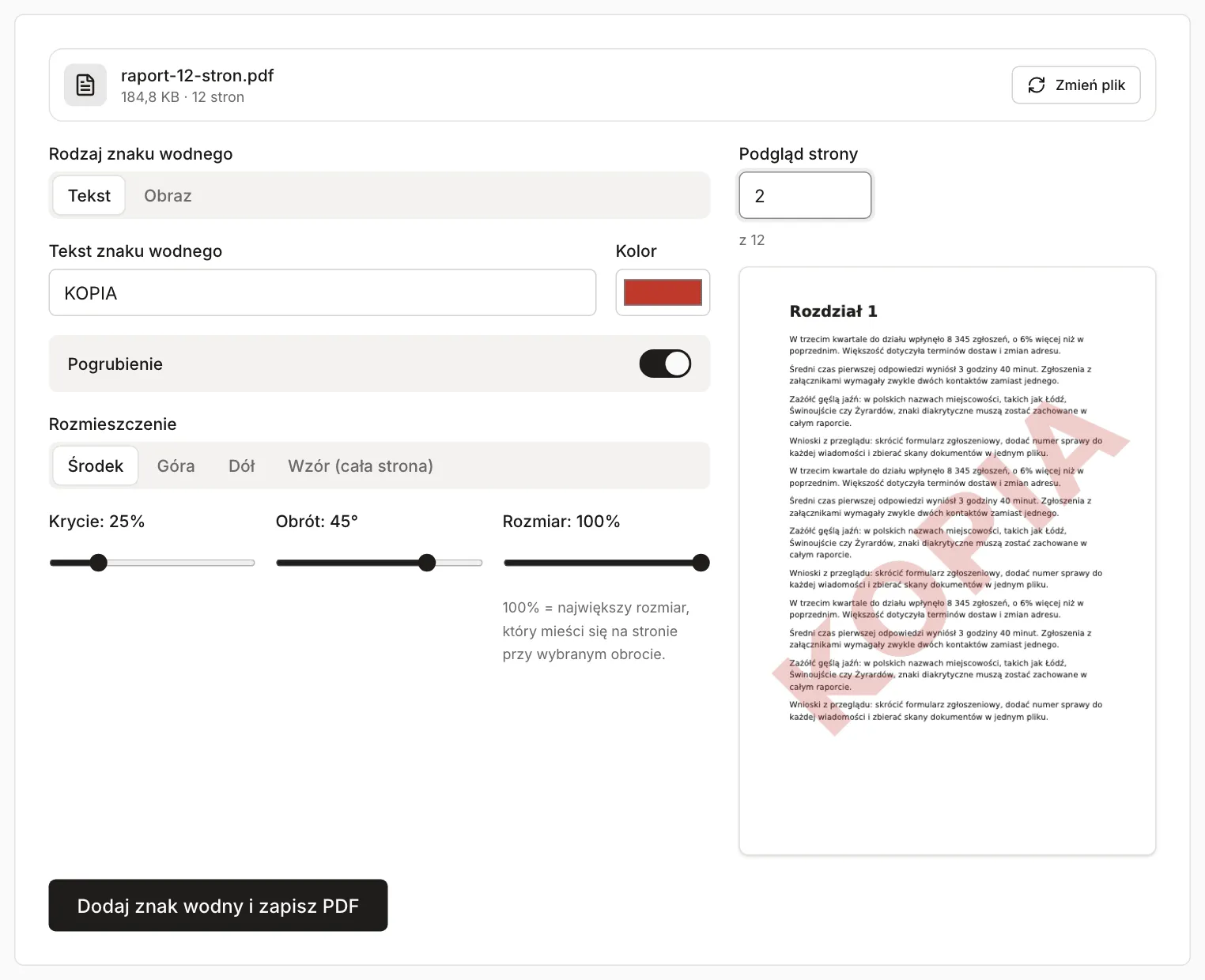 Narzędzie Znak wodny w PDF: czerwony napis KOPIA, krycie 25%, obrót 45°, rozmieszczenie na środku; podgląd strony 2 z napisem nad tekstem