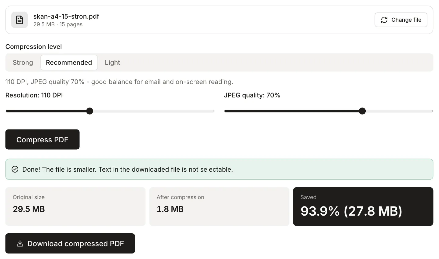 Compress PDF: a 15-page, 29.5 MB scan comes out at 1.8 MB on the Recommended level