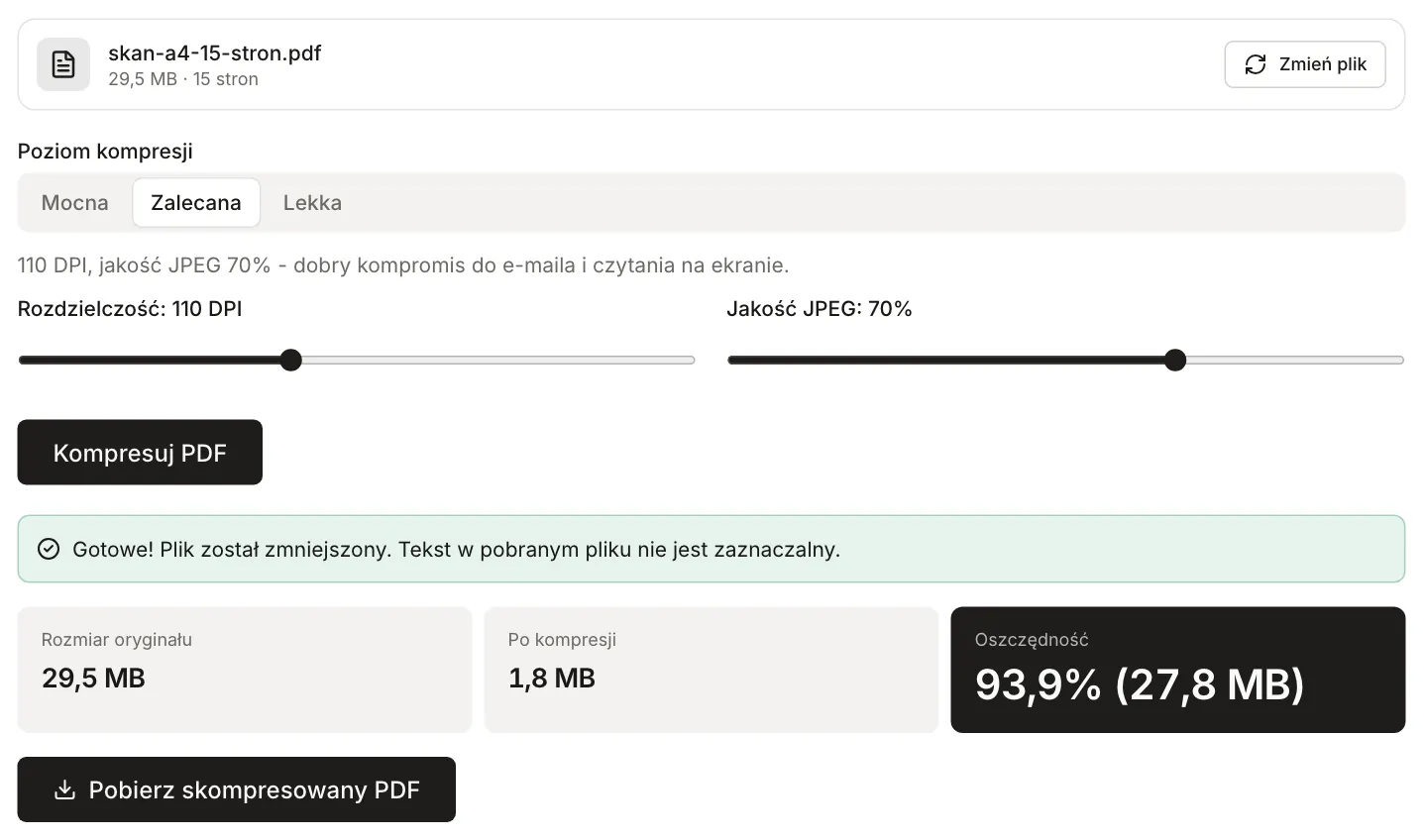 Kompresja PDF: skan 15 stron (29,5 MB) po kompresji na poziomie Zalecana waży 1,8 MB