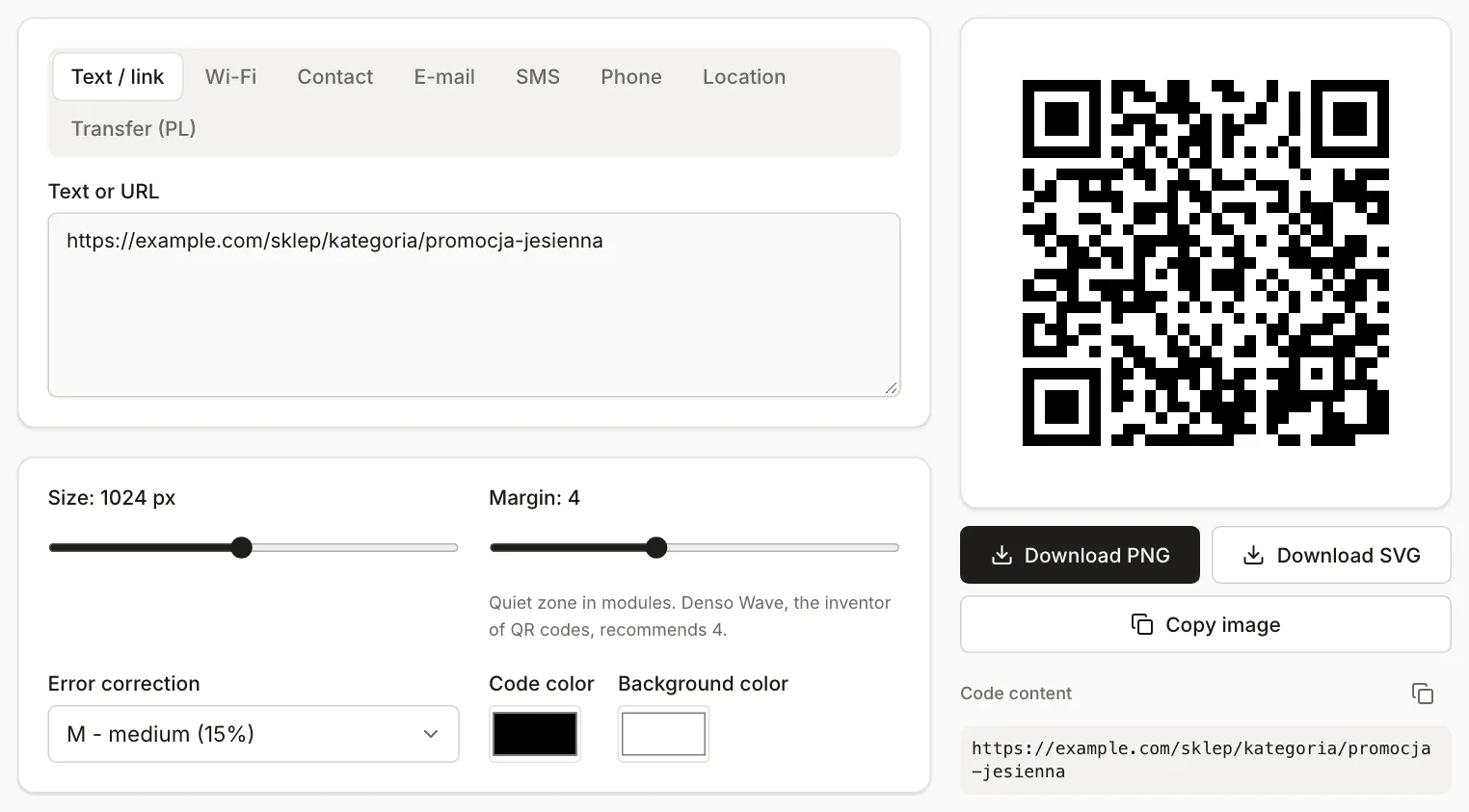 QR code generator with the link https://example.com/sklep/kategoria/promocja-jesienna: size 1024 px, margin 4, error correction M, black code on white, with the Download PNG and Download SVG buttons beside it