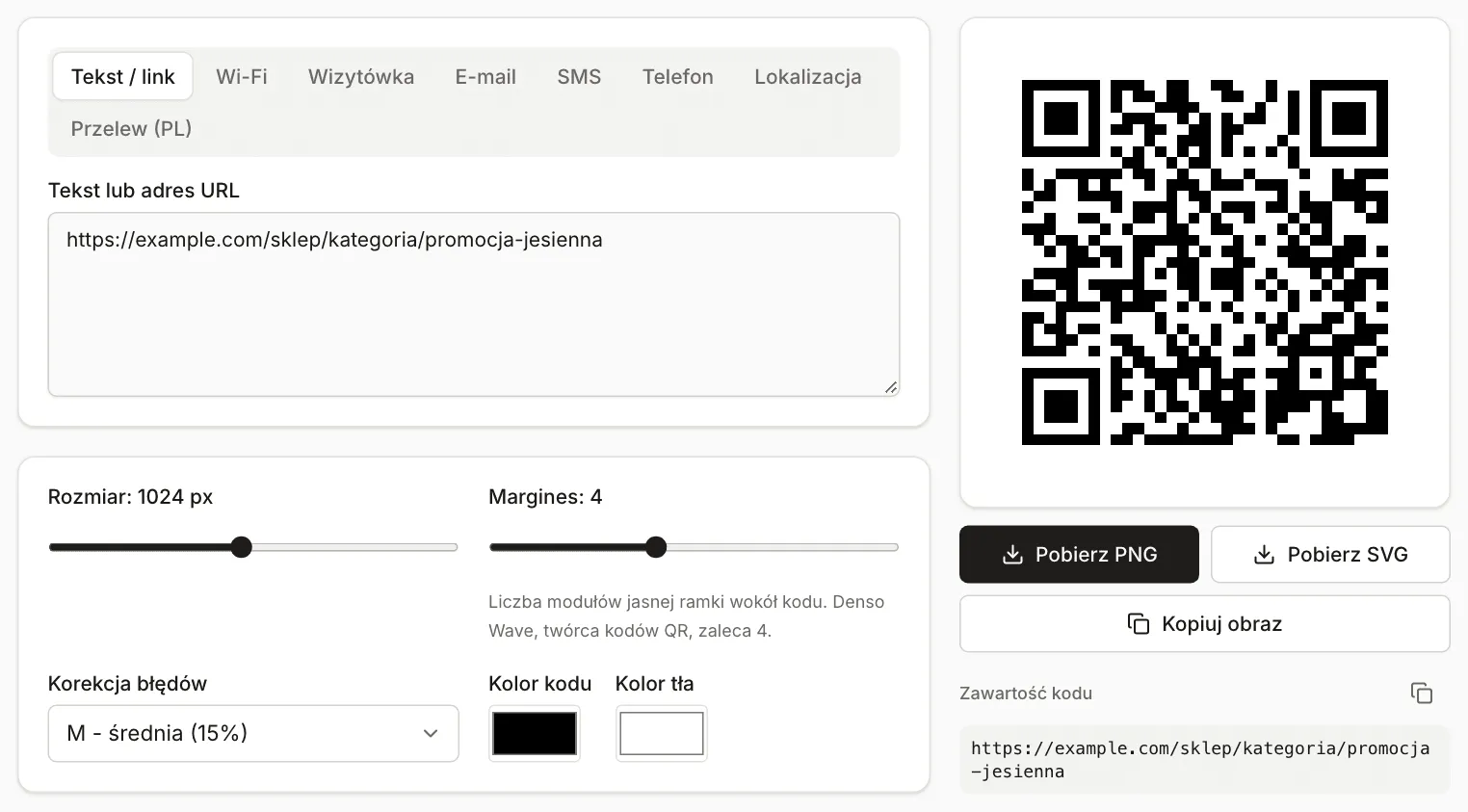 Generator kodów QR z linkiem https://example.com/sklep/kategoria/promocja-jesienna: rozmiar 1024 px, margines 4, korekcja błędów M, czarny kod na białym tle, obok przyciski pobierania PNG i SVG