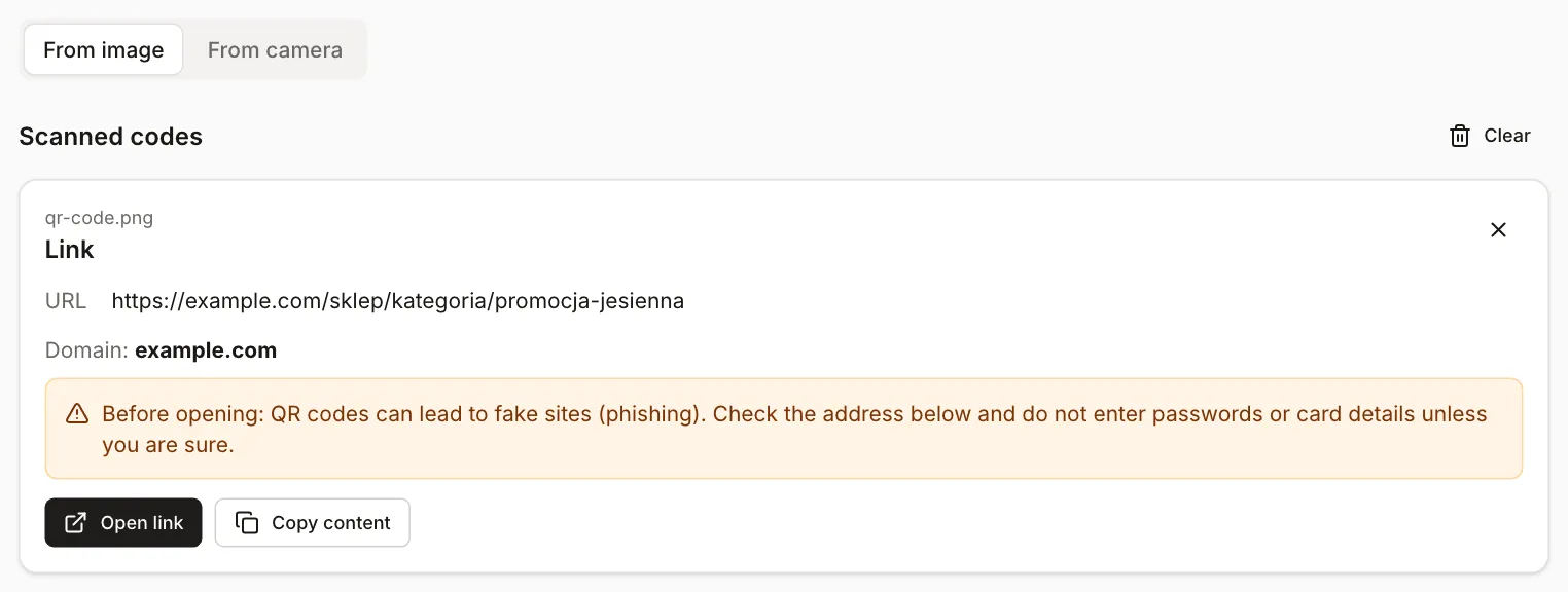 QR code scanner with a PNG file loaded: a result card titled Link showing https://example.com/sklep/kategoria/promocja-jesienna, the domain example.com and a phishing warning