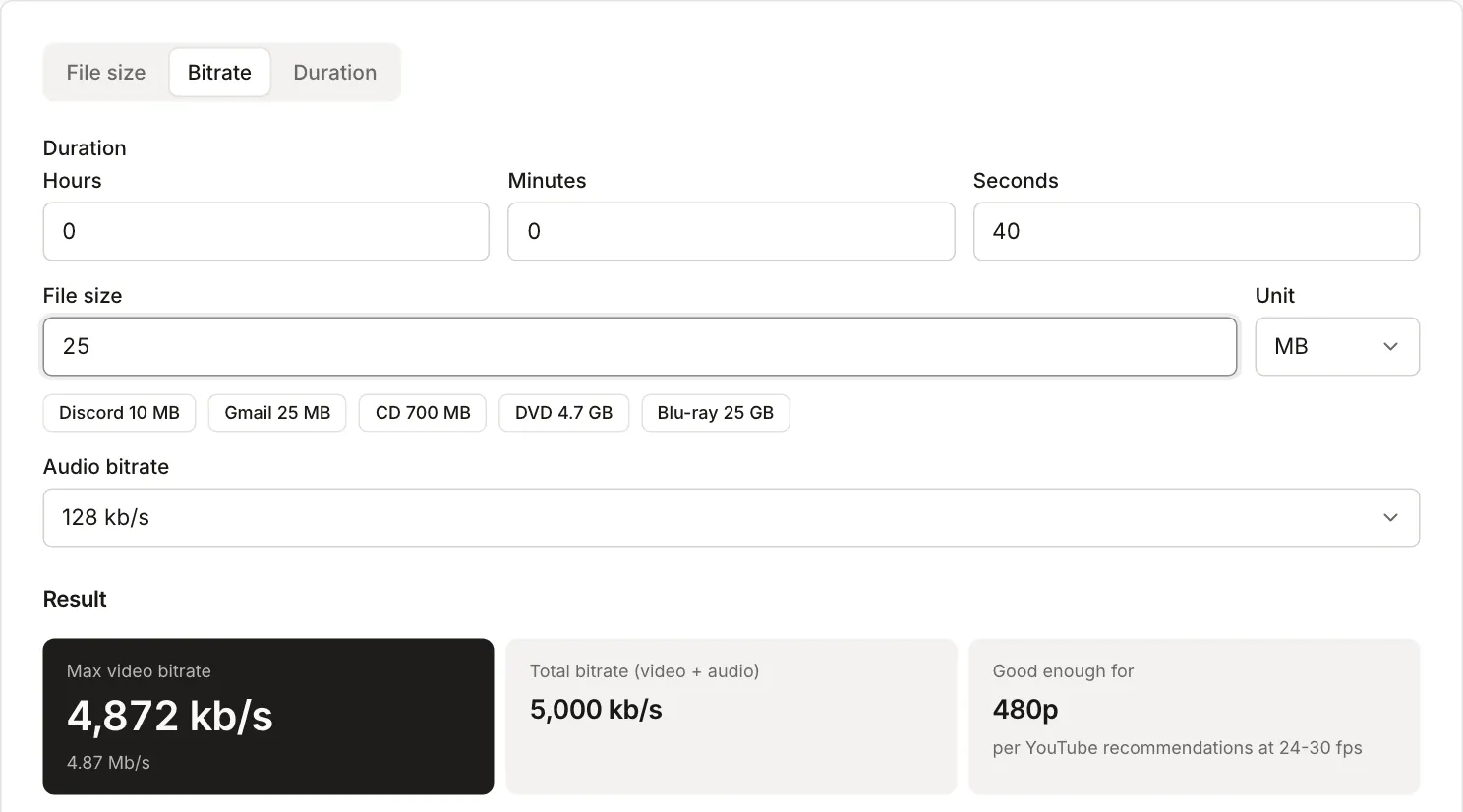 Video bitrate calculator in Bitrate mode: 40 s, 25 MB, audio 128 kbps, result 4872 kbps for video